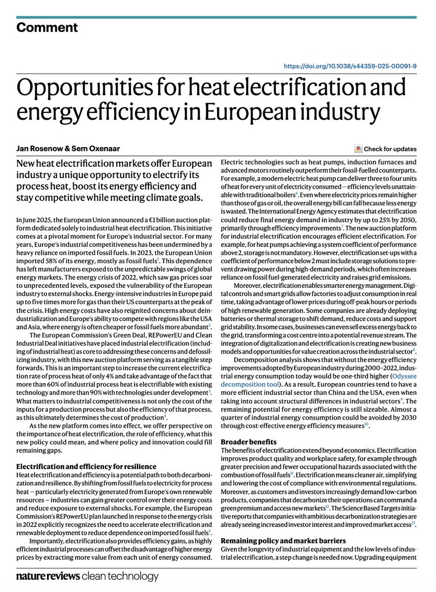 janrosenow's tweet image. Thrilled to share my new commentary in Nature Reviews Clean Technology, co-authored with Sem Oxenaar.
We argue for electrifying industrial heat in Europe—a game-changer for efficiency, resilience, and competitiveness.
Full version here rdcu.be/evPO0