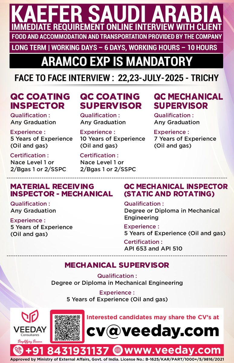 Kaefer Saudi Arabia
Interested candidates may share the CV’s at
cv@veeday.com
+91 8431931137 

#KaeferSaudi #FaceToFaceInterview #TrichyJobs 
#OilAndGasJobs #SaudiJobs #QCInspector 
#MechanicalSupervisor #NACEJobs #APIJobs 
#AramcoApproved #EPCJobs #MiddleEastHiring