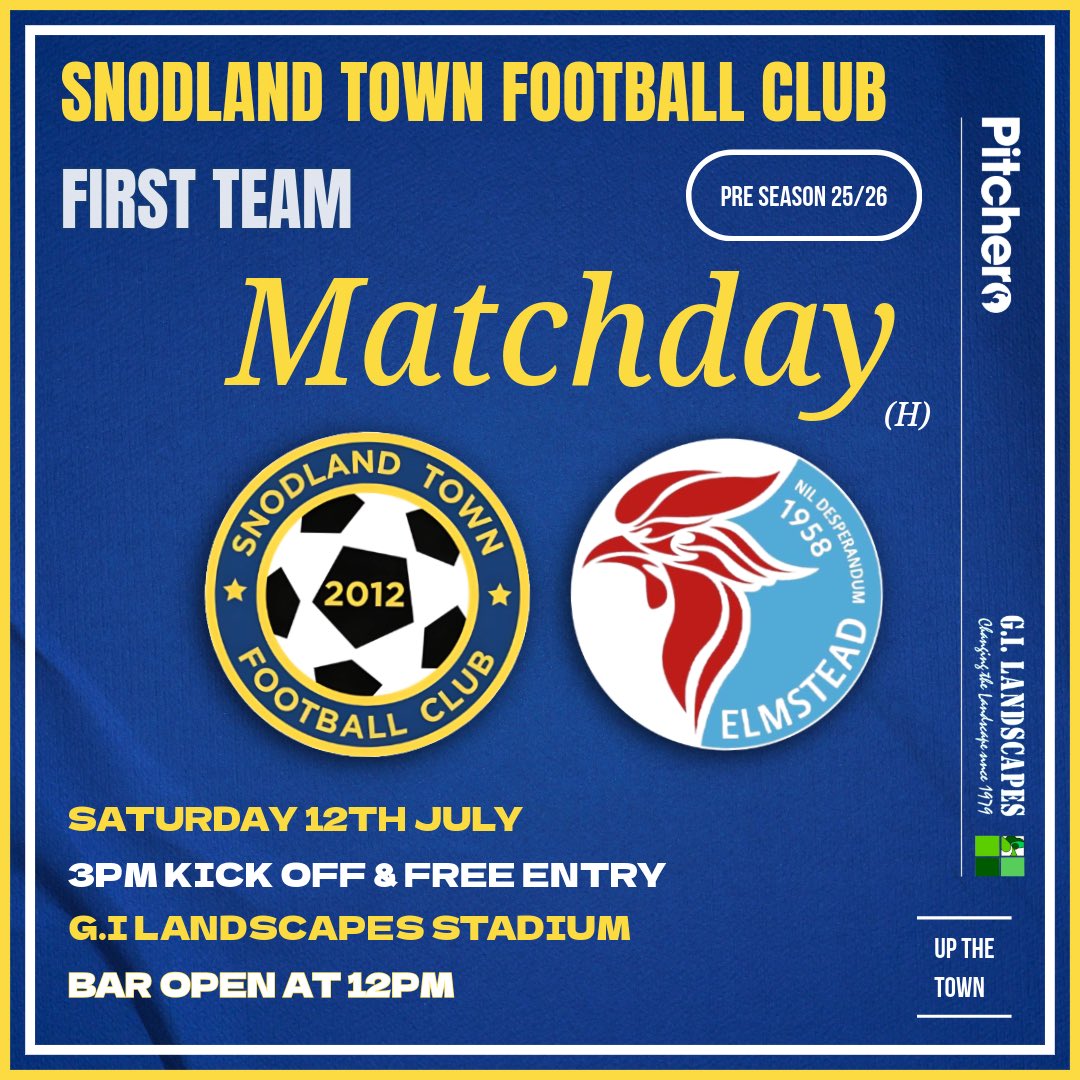 Snodland Town FC (@snodlandtownfc) on Twitter photo It’s Matchday! ⚽️
Snodland Town First Team face our first home Pre Season Friendly against <a href="/FElmstead/">FC Elmstead</a> this afternoon.
📆Saturday 12th July
🏟️G.I Landscapes Stadium, ME6 5DP
🍻Bar & Gates open at 12pm
⚽️ 3pm KO
Free Entry!
Come down and Support the Town!
#UTT 🟡🔵 It’s Matchday! ⚽️
Snodland Town First Team face our first home Pre Season Friendly against <a href="/FElmstead/">FC Elmstead</a> this afternoon.
📆Saturday 12th July
🏟️G.I Landscapes Stadium, ME6 5DP
🍻Bar & Gates open at 12pm
⚽️ 3pm KO
Free Entry!
Come down and Support the Town!
#UTT 🟡🔵