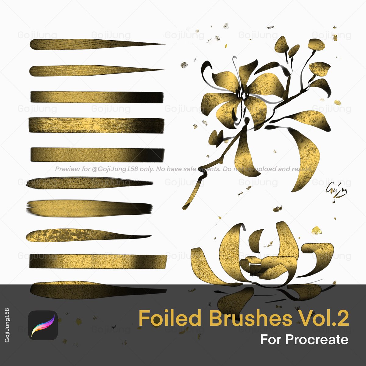 GojiJung158's tweet photo. Foiled brushes Vol.2 [Procreate]
1 pack: 
- 10 brushes + special bonus 2 brushes
- บรัชเป็นฟังก์ชั่น 2 สีตามตัวอย่าง เปลี่ยนสีตามที่เลือกได้
- บรัชเปลี่ยนสีตามน้ำหนักมือ และสีที่เลือก
- เป็นบรัชทึบ

✨70 บาท

- Personal use ✅
- Commercial use ✅
Full info&amp;TOS on link https://t.co/rCltqwKa5W