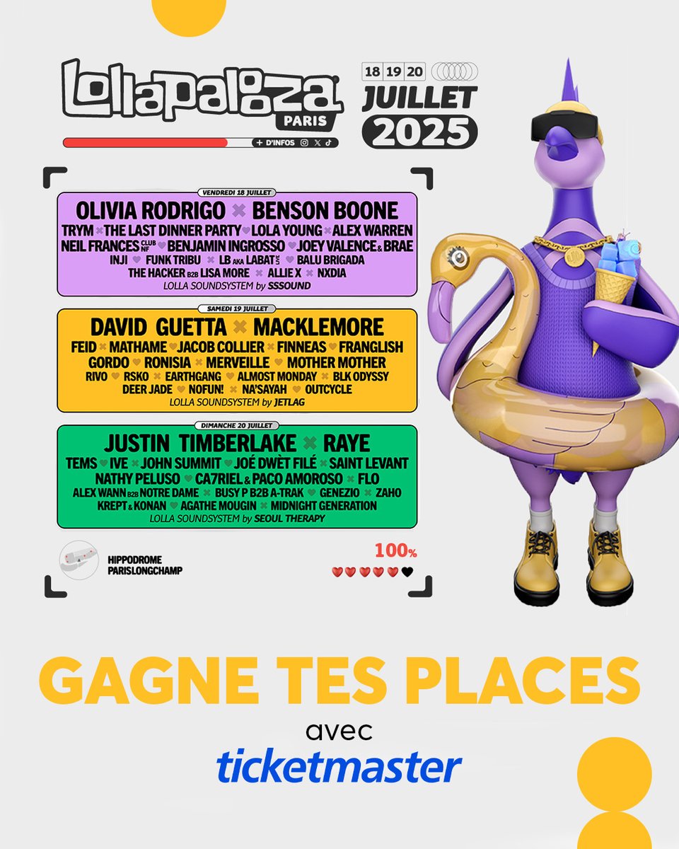 TicketmasterFR's tweet image. Gagne 2 places pour la journée du samedi à @lollapaloozafr 🦖 🔥 ! Pour participer :
👉 Abonne-toi à @ticketmasterfr
👉 Identifie une personne avec qui tu veux vivre cette journée de folie 💥
📅 Tirage au sort mardi 15 juillet à 12h