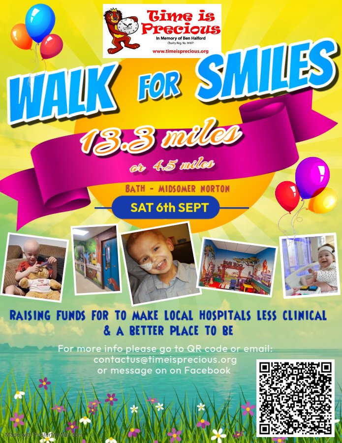 "Walk for Smiles" with Time Is Precious!
Choose your mileage- scenic, mostly flat &amp; for a great cause.
Pick the hospital/project your fundraising supports and #makeadifference <a href="/RUHBath/">RUH Bath 🏥</a> @BristolChildrensHosp <a href="/FromeHospital/">Frome Community Hospital Earthly Ideas</a> @YeovilHospital