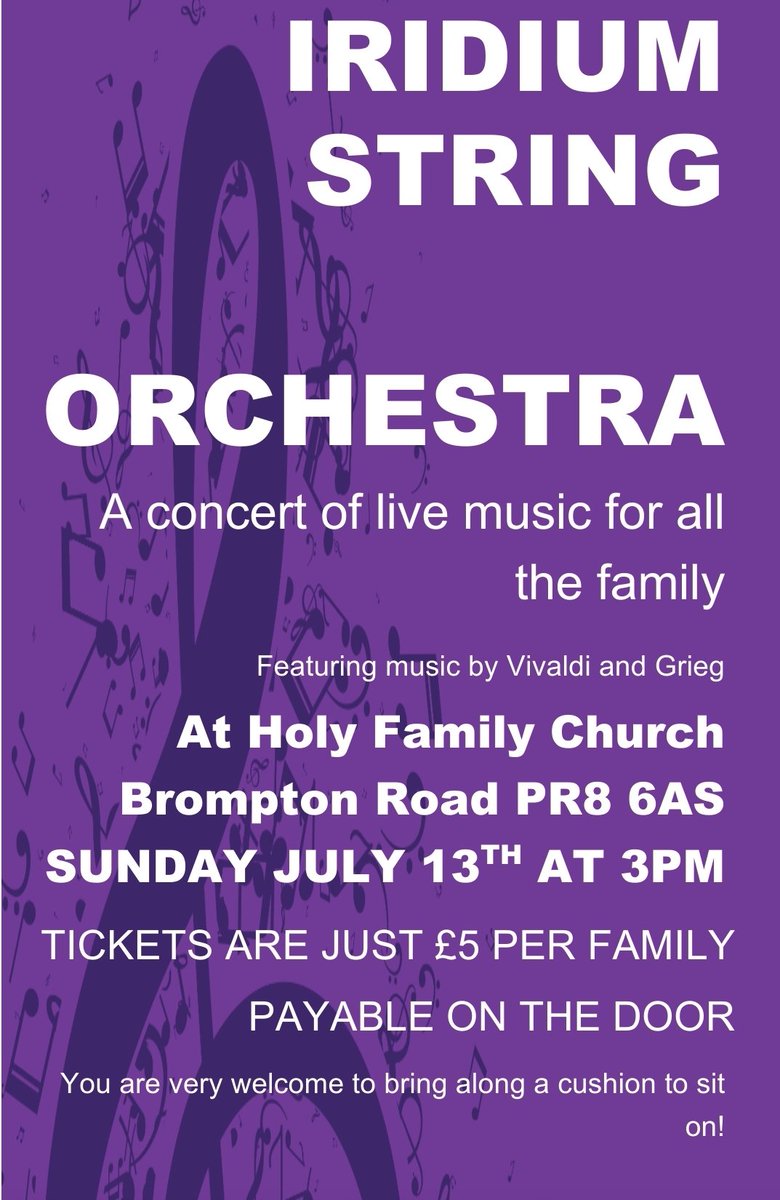 Tomorrow (Sunday 13th), at 3pm we will be welcoming the superb Iridium String Orchestra back here to Holy Family for a summer concert for all the family. Please share. <a href="/HolyFamilyCP/">Holy Family Catholic Primary School</a> <a href="/ctksouthport/">ctksouthport</a> <a href="/lpoolcatholic/">Archdiocese of Liverpool</a> <a href="/ololprimary_HT/">Headteacher at OLOL</a> <a href="/AndrewBrownEdit/">Andrew Brown (Stand Up For Southport)</a> <a href="/SouthportReport/">Southport Reporter</a> <a href="/Sefton4Good/">Sefton 4 Good</a>