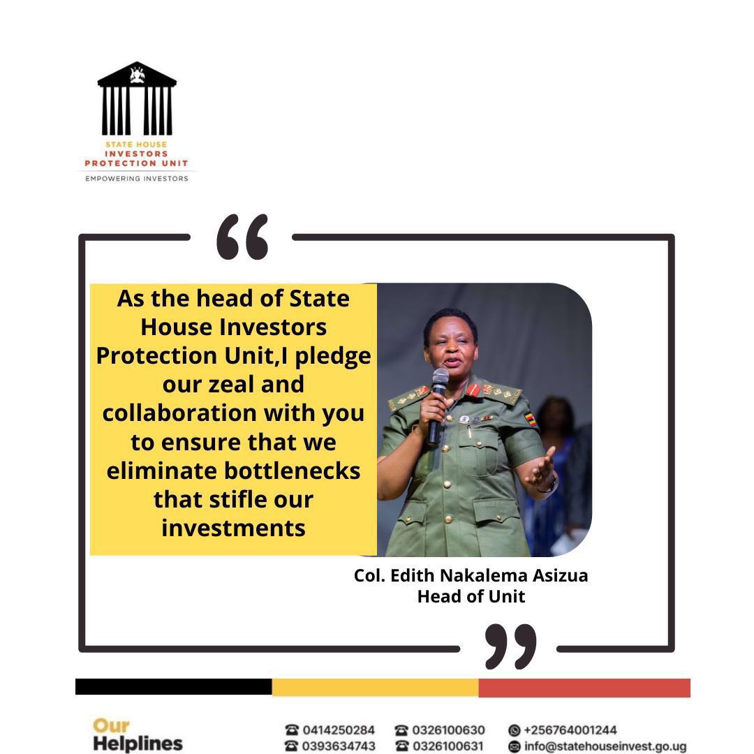 Charity Tukamushaba (@charitytukamush) on Twitter photo The Statehouse Investors Protection Unit is here to make sure that all the bottlenecks that stifle investments in Uganda are eliminated. Contact <a href="/ShieldInvestors/">State House Investors Protection Unit</a> if you have any investor-related inquiries, concerns or feedback.
#EmpoweringInvestors The Statehouse Investors Protection Unit is here to make sure that all the bottlenecks that stifle investments in Uganda are eliminated. Contact <a href="/ShieldInvestors/">State House Investors Protection Unit</a> if you have any investor-related inquiries, concerns or feedback.
#EmpoweringInvestors