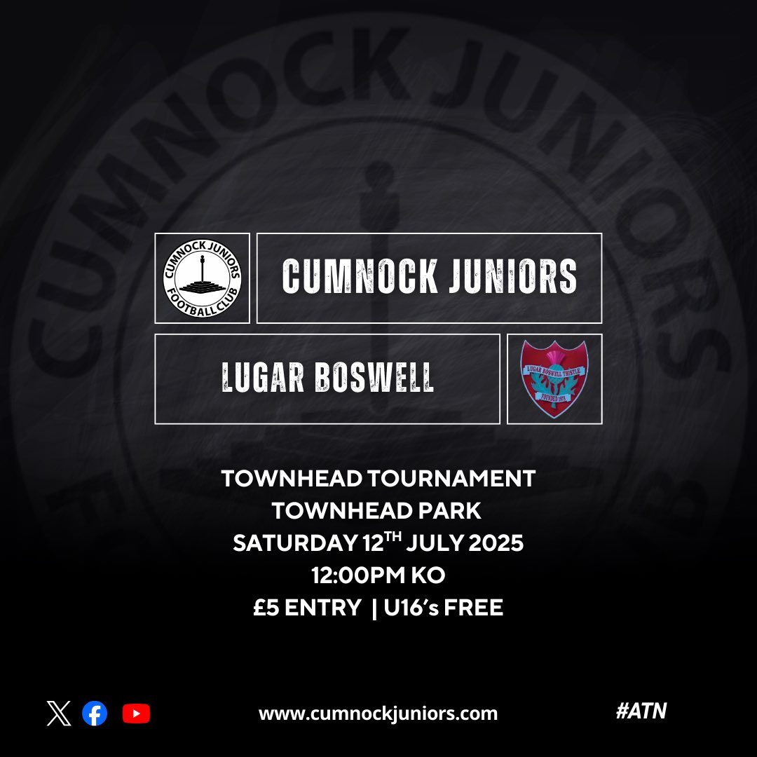 Cumnock Juniors FC โญ๏ธโญ๏ธโญ๏ธ (@cumnockjnrsfc) on Twitter photo ๐ ๐ฎ๐๐ฐ๐ต๐ฑ๐ฎ๐ | ๐๐๐ด๐ฎ๐ฟ ๐๐ผ๐๐๐ฒ๐น๐น ๐ง๐ต๐ถ๐๐๐น๐ฒ (๐)
๐ <a href="/LugarFC1878/">Lugar Boswell Thistle FC</a>
๐ Townhead Tournament
๐๏ธ Townhead Park
โฐ 12:00pm Kick Off
๐๏ธ ยฃ5 | U16โs free
#ATN ๐ ๐ฎ๐๐ฐ๐ต๐ฑ๐ฎ๐ | ๐๐๐ด๐ฎ๐ฟ ๐๐ผ๐๐๐ฒ๐น๐น ๐ง๐ต๐ถ๐๐๐น๐ฒ (๐)
๐ <a href="/LugarFC1878/">Lugar Boswell Thistle FC</a>
๐ Townhead Tournament
๐๏ธ Townhead Park
โฐ 12:00pm Kick Off
๐๏ธ ยฃ5 | U16โs free
#ATN