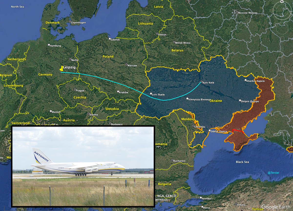 Tendar's tweet image. An Ukrainian Antonov An-124, which was stuck in Kyiv since the Russian full-scale invasion in February 24, 2022, spectacularly flew from its home port in Ukraine to Leipzig, Germany.
The heavy transport was surviving countless air raids on the city of Kyiv and had to undergo…