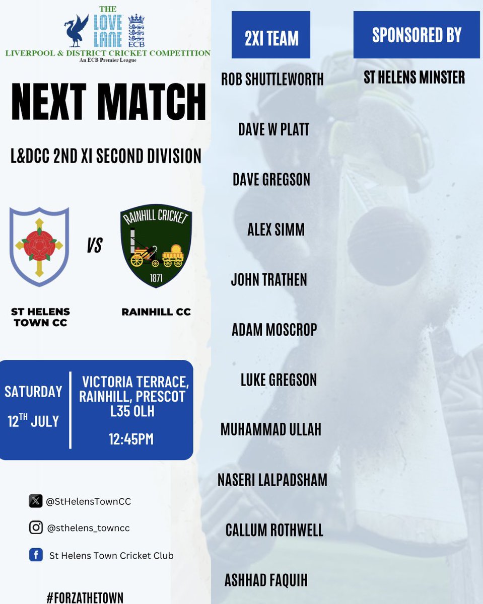 Team news for today’s matches as the 1st XI host <a href="/ParkfieldCC/">Parkfield Liscard CC</a> and the 2nd XI travel to <a href="/RainhillCric/">Rainhill CC</a> 

1st XI looking to build on their victory over Wavertree last time out with the 2nd XI hoping to improve on recent performances.

#ForzaTown