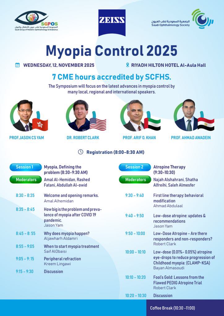 SaudiOphtha's tweet image. Join us for #MyopiaControl 2025 Symposium on Nov 12, 2025, in Riyadh!
Scan the barcode to register & join the conversation
#SOS2025 #SGPOS #MyopiaAwareness