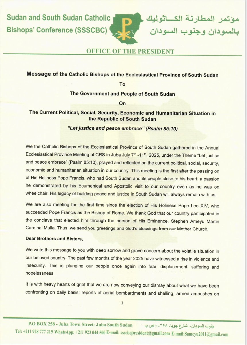 WaniMichael57's tweet image. Powerful message from the South Sudan Catholic Bishop Conference, the urgent call for DIALOGUE to resolve the current political and security issues facing the Country.
#SSOT
#SSOX