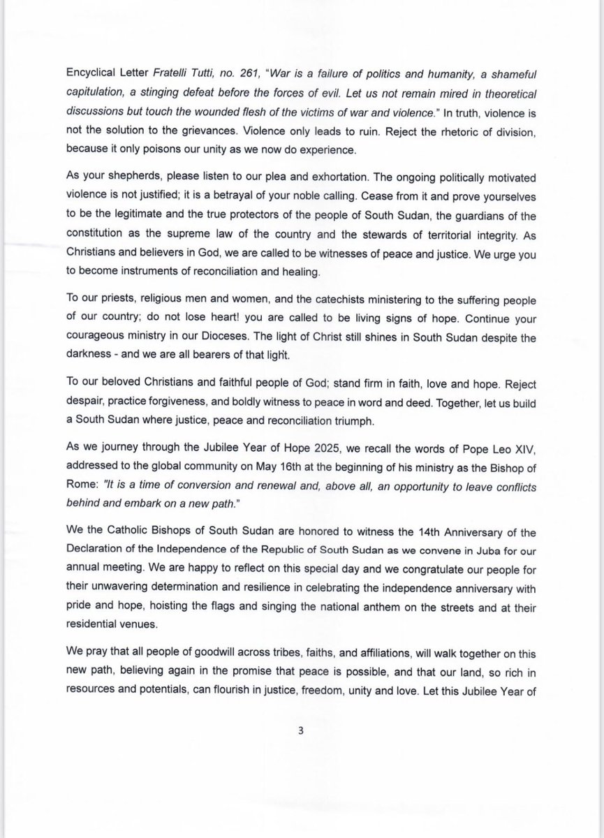 WaniMichael57's tweet image. Powerful message from the South Sudan Catholic Bishop Conference, the urgent call for DIALOGUE to resolve the current political and security issues facing the Country.
#SSOT
#SSOX