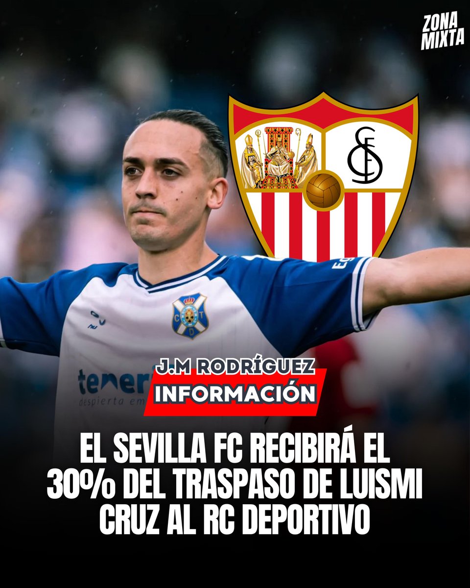 Zona Mixta (@zonamixta__) on Twitter photo 🚨⚪️🔴 El <a href="/SevillaFC/">Sevilla Fútbol Club</a> recibirá un 30% del traspaso de Luismi Cruz al RC Deportivo.
✅ Los nervionenses se guardaron un porcentaje de una futura venta.
💰 El traspaso se ha cerrado en torno al millón de euros.
ℹ️ Una información de <a href="/jmrodriguezper/">José Manuel Rodríguez</a> en #ZonaMixta. 🚨⚪️🔴 El <a href="/SevillaFC/">Sevilla Fútbol Club</a> recibirá un 30% del traspaso de Luismi Cruz al RC Deportivo.
✅ Los nervionenses se guardaron un porcentaje de una futura venta.
💰 El traspaso se ha cerrado en torno al millón de euros.
ℹ️ Una información de <a href="/jmrodriguezper/">José Manuel Rodríguez</a> en #ZonaMixta.