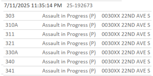 South Minneapolis - About 11:35 p.m., multiple squads on an assault in progress that was initially reported as a stabbing.
30xx 22nd Ave S, Lake St