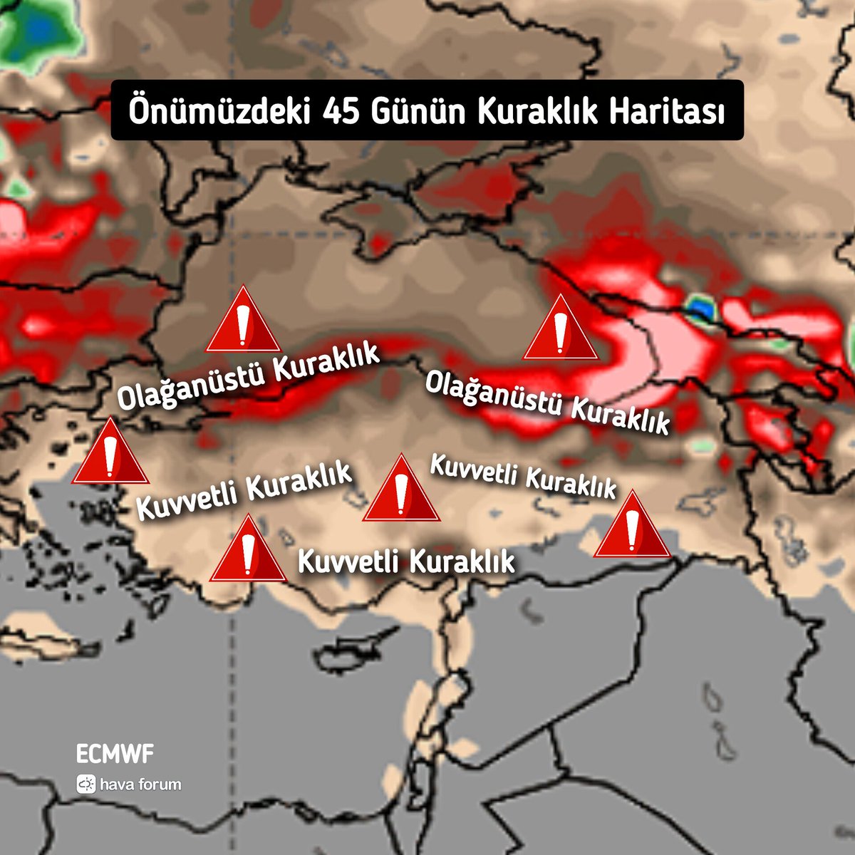 Sn. Yetkililer, bu konuya bakabilir misiniz? 🚨 Ciddi bir sorunumuz var. Önümüzdeki 45 günün kuraklık tahmin verileri yayınlandı. Ülkemiz için çok kötü sonuçlar geldi. 😳👇🏻 Bu gerçekleşirse birçok barajı kaybederiz. Lütfen ama lütfen tasarruf edelim, suyumuz her şeyimiz...