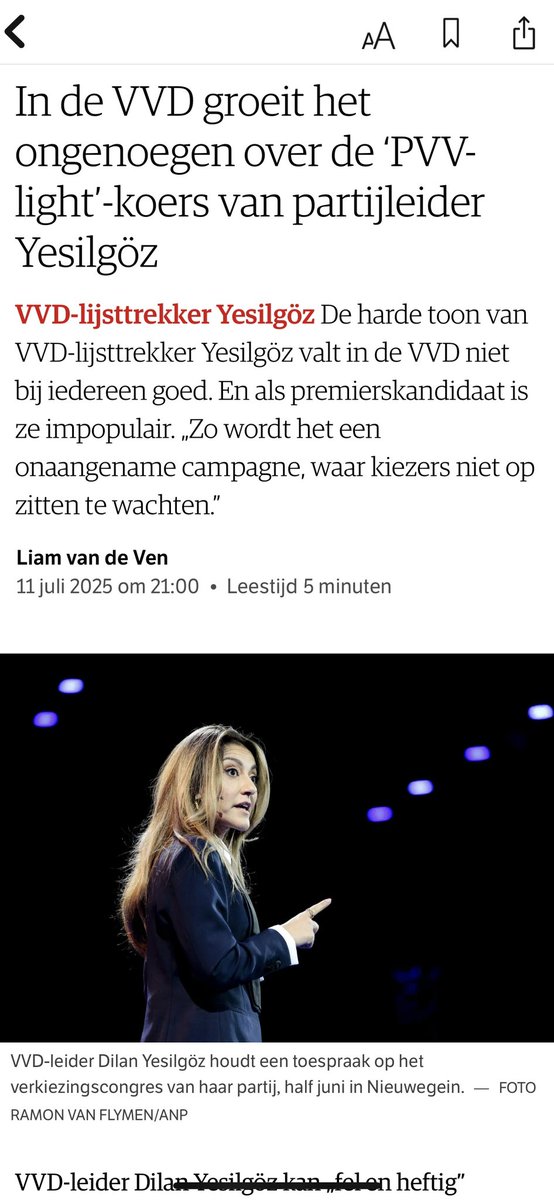 Terphuis's tweet image. Uit NRC van vandaag. Dilan Yesilgoz gaat #Wilders hard achterna; geen verbondenheid, geen fatsoenlijk politiek, maar steeds weer verdeeldheid zaaien en ophitsen. #Yesilgoz #Dilan #VVD #verkiezingen2025