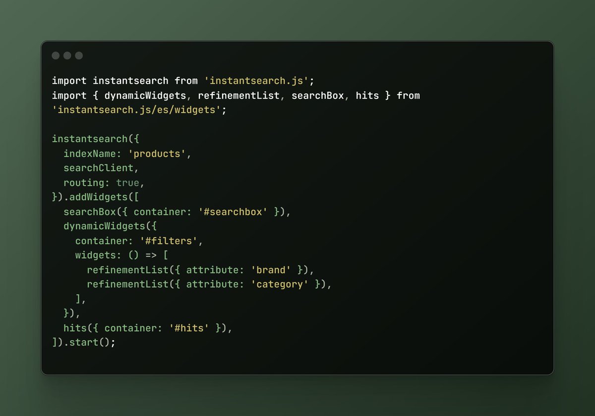 nrachabathuni's tweet image. Boost UX with instantsearch.js + dynamic widgets to render only relevant filters based on current results!

#Algolia #SearchUX #InstantSearch #FrontendDev #EcommerceSearch #JavaScript #DevTips #SEOhacks #FacetedSearch #AIsearch