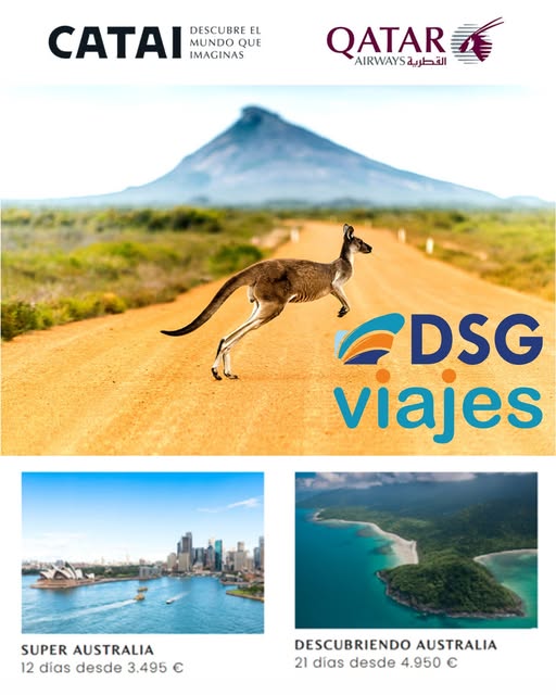 ✈️𝗧𝗘 𝗜𝗡𝗩𝗜𝗧𝗔𝗠𝗢𝗦 𝗔 𝗘𝗫𝗣𝗟𝗢𝗥𝗔𝗥 𝗔𝗨𝗦𝗧𝗥𝗔𝗟𝗜𝗔 con <a href="/qatarairways/">Qatar Airways</a> , <a href="/cataitours/">CATAI</a>  𝘆 <a href="/DSGViajes/">DSG VIAJES</a> 
Elige tu aventura australiana, llámanos y visita impactantes lugares que nunca olvidarás, como el Uluru y la Gran Barrera de Coral o la cosmopolita Sydney.