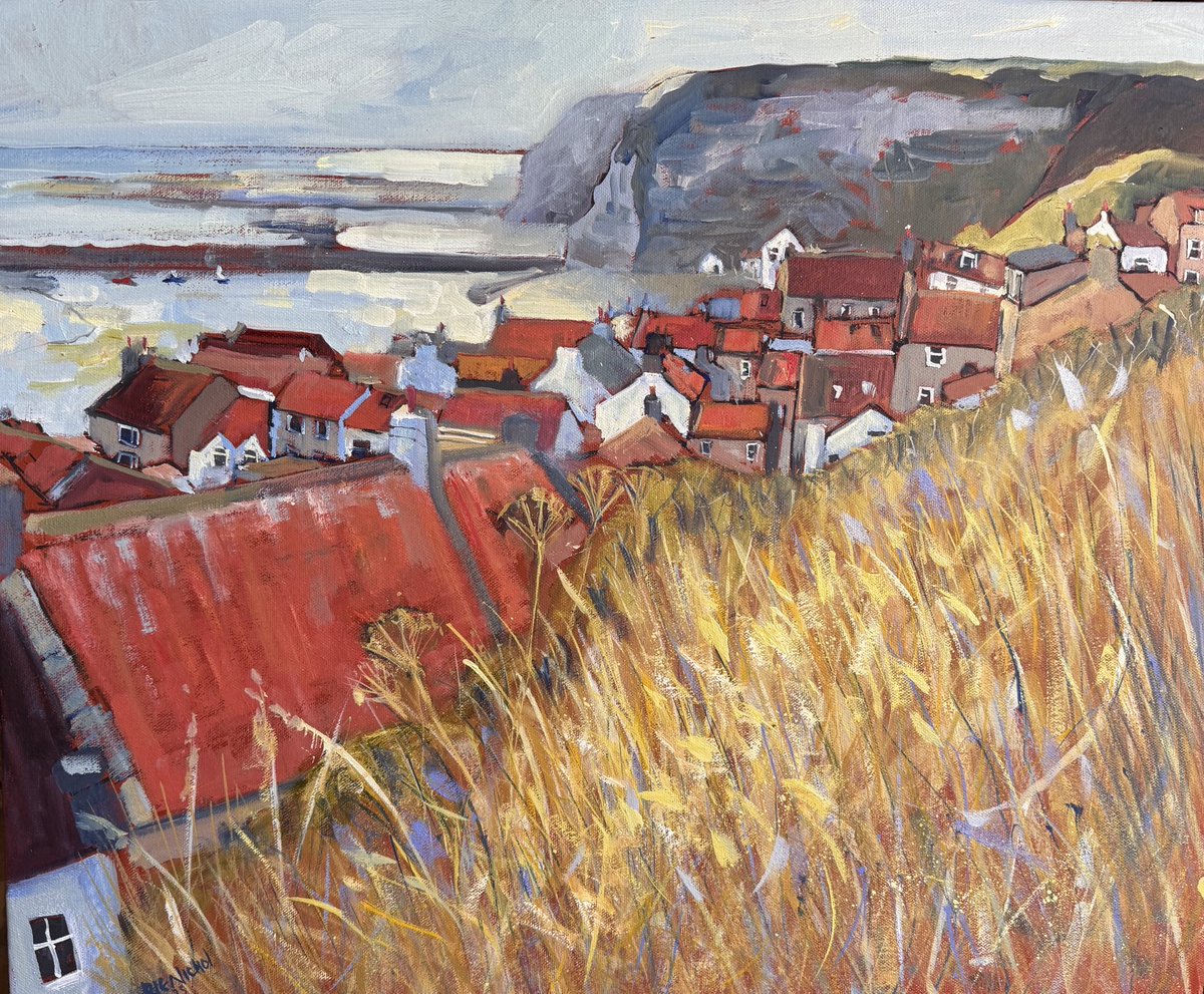 Really is finished now. Emphasised the parch of light on the grasses in the foreground. ‘Rooftops, Sea and Two Nabs’ #Staithes #YorkshireCoast 24x20” #blockcanvas