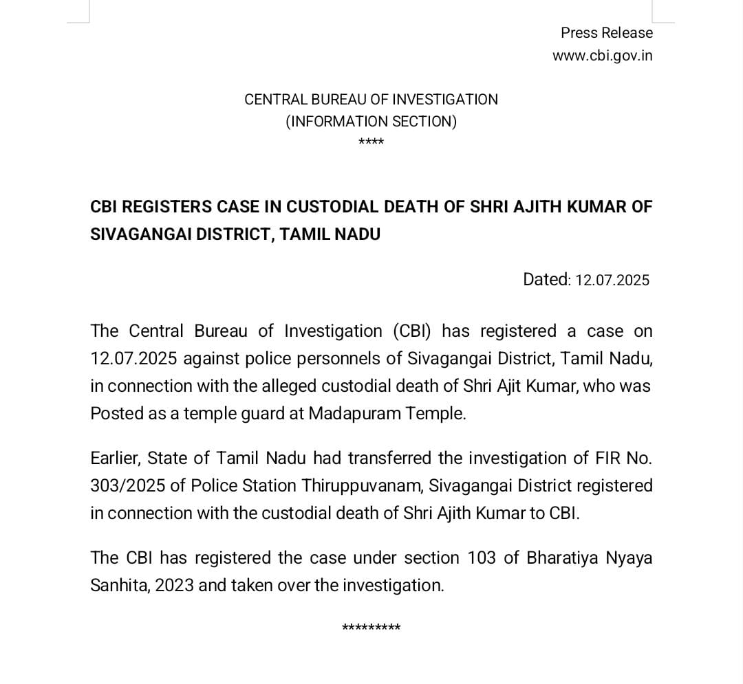 CBI REGISTERS CASE IN CUSTODIAL DEATH OF SHRI AJITH KUMAR OF SIVAGANGAI DISTRICT, TAMIL NADU
