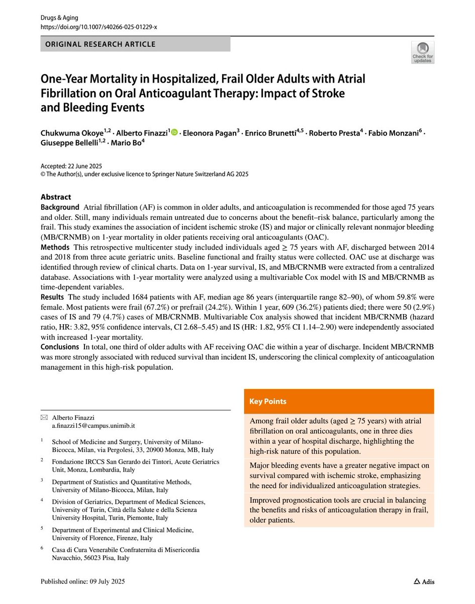 🔴 Even non-fatal bleeds can trigger a cascade of decline.

📌 Prior bleeding = strongest risk factor for future events.

👉 Competing mortality risk and prognosis: Key on prescribing decisions. Link:
doi.org/10.1007/s40266…