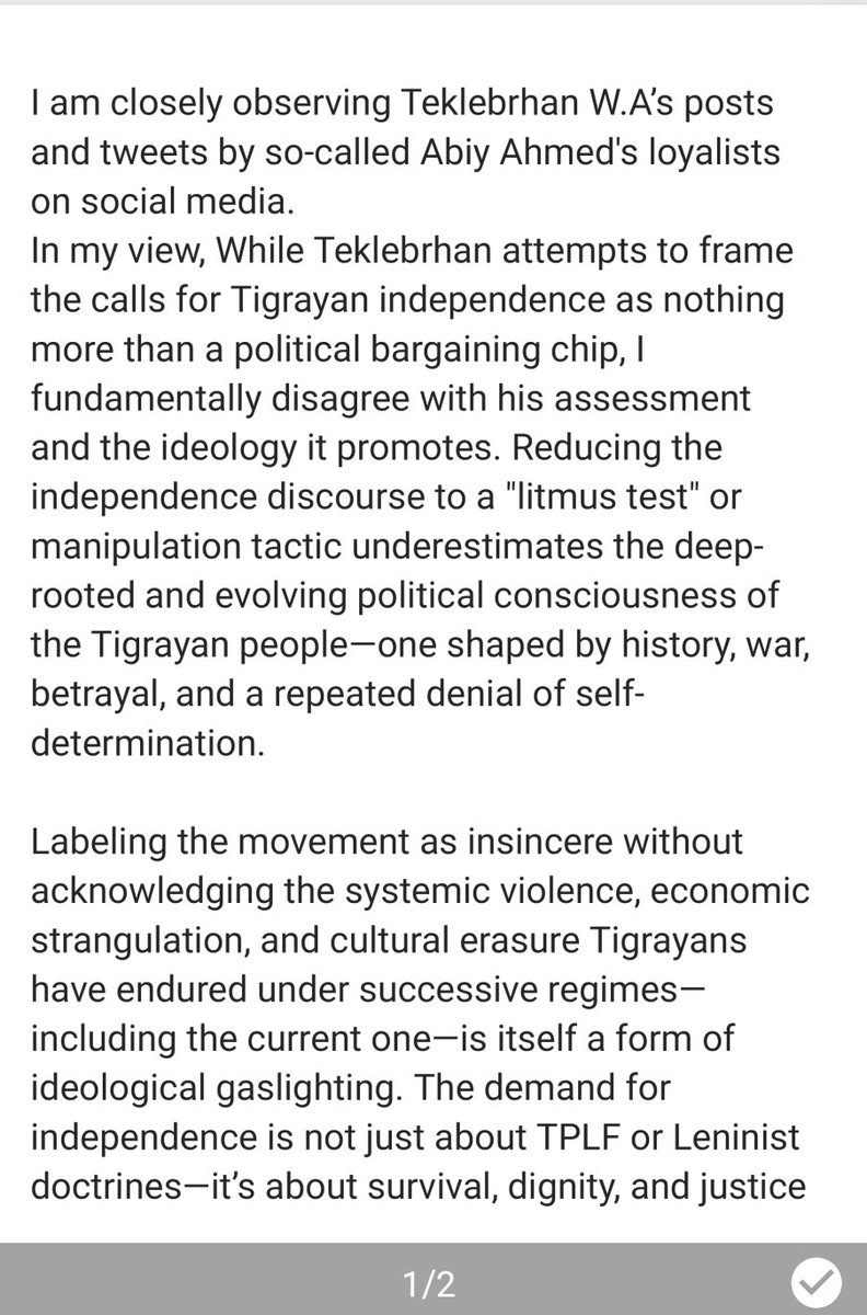 Tewolde_B's tweet photo. @tklebrhanw I'm also closely observing Teklebrhan W.A’s posts by so-called Abiy Ahmed's loyalists on social media. 
In my view, while Teklebrhan attempts to frame the calls for Tigrayan independence as nothing more than a political bargaining chip, I fundamentally disagree with... https://t.co/oNMEPEbwf8