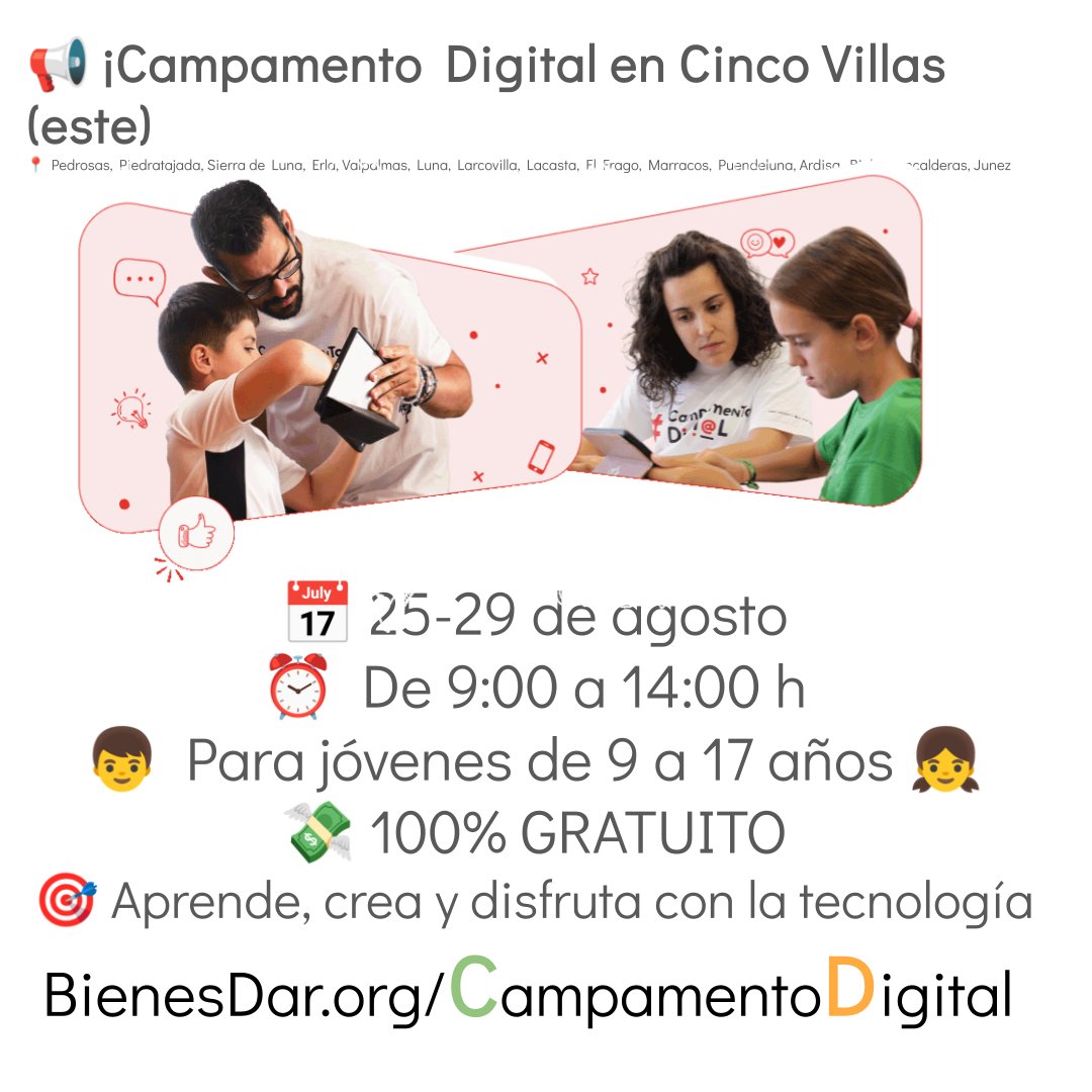 📢 ¡Este verano la tecnología se vive!
Del 25 al 29 de agosto, el Campamento Digital en Cinco Villas Este abre sus puertas para jóvenes de 9 a 17 años. Una experiencia para aprender, crear y disfrutar mientras hacen nuevas amistades. 💻🌟