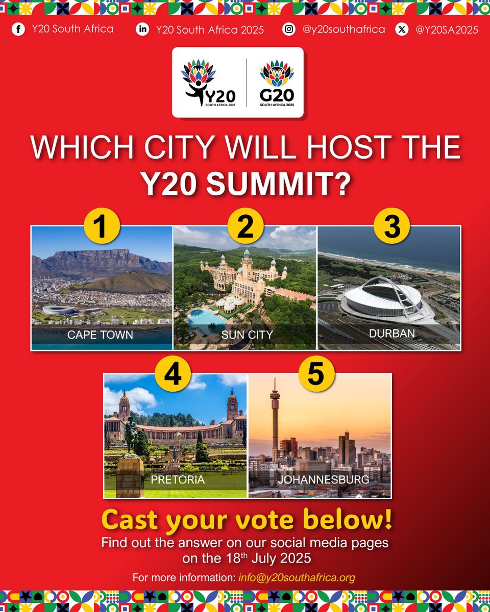 Y20SA2025's tweet image. 🏙️ Where will the Y20 South Africa Summit be held?
Vote now &amp;amp; tell us who you think the host city is!

📆 August 2025
🗳️ Cape Town | Sun City | Durban | JHB | Pretoria

#Y20SouthAfrica #Y20SA2025 #ReKaofela #G20SouthAfrica #Y20Summit2025