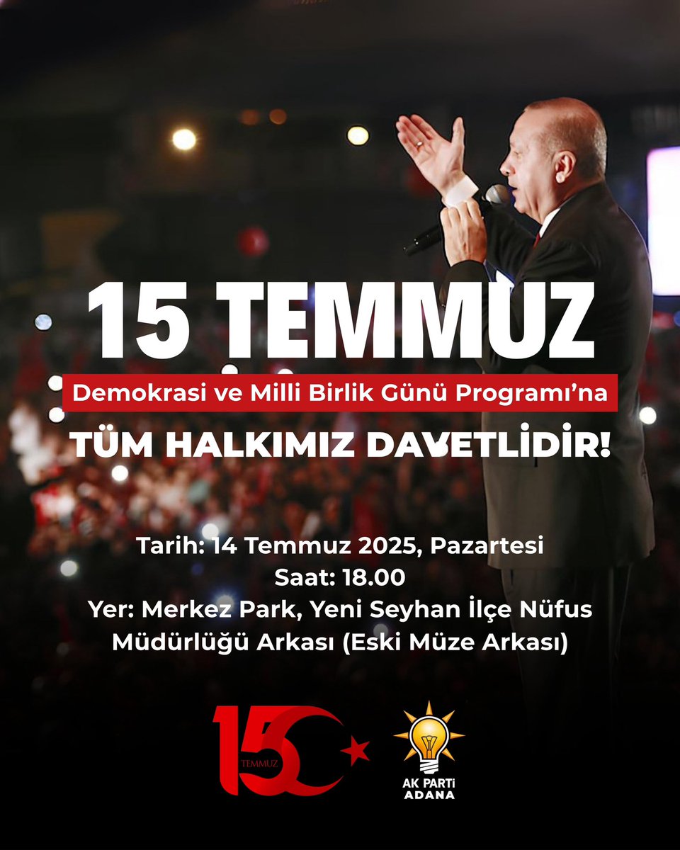 “O geceyi unutma, bir umut uçur.” 🇹🇷

15 Temmuz’un direniş ruhunu çocuklarımızın umut dolu elleriyle gökyüzüne taşıyoruz! Balonlar sadece göğe değil, geleceğe umutla yükseliyor.

📍14 Temmuz Pazartesi
⏰ 18.00 
Merkez Park, Yeni Seyhan İlçe Nüfus Müdürlüğü Arkası (Eski Müze