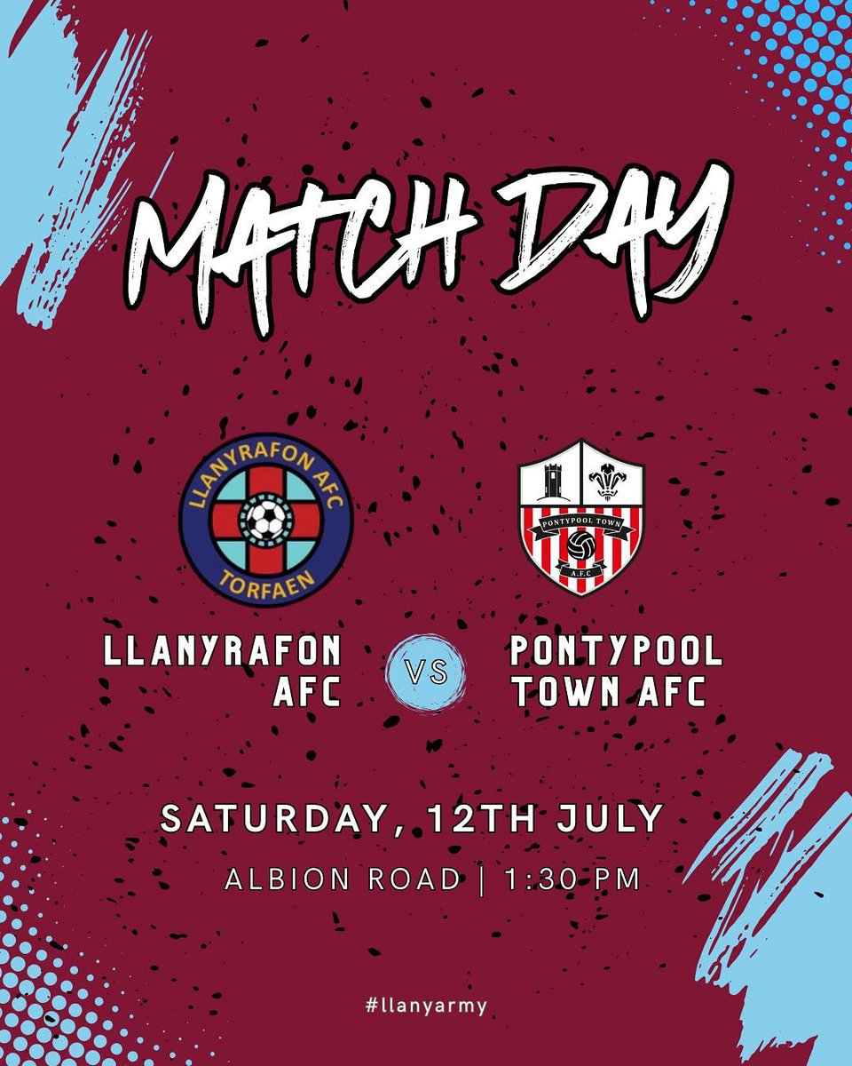 MATCH DAY ANNOUNCEMENT
Get ready for an afternoon of football as Llanyrafon AFC take on Pontypool Town
in what promises to be another competitive preseason clash!
Venue: Albion Rd
Fixture: Llanyrafon AFC vs
Pontypool Town AFC
Kick-Off: 1:30 PM
Date: 12/07/2025