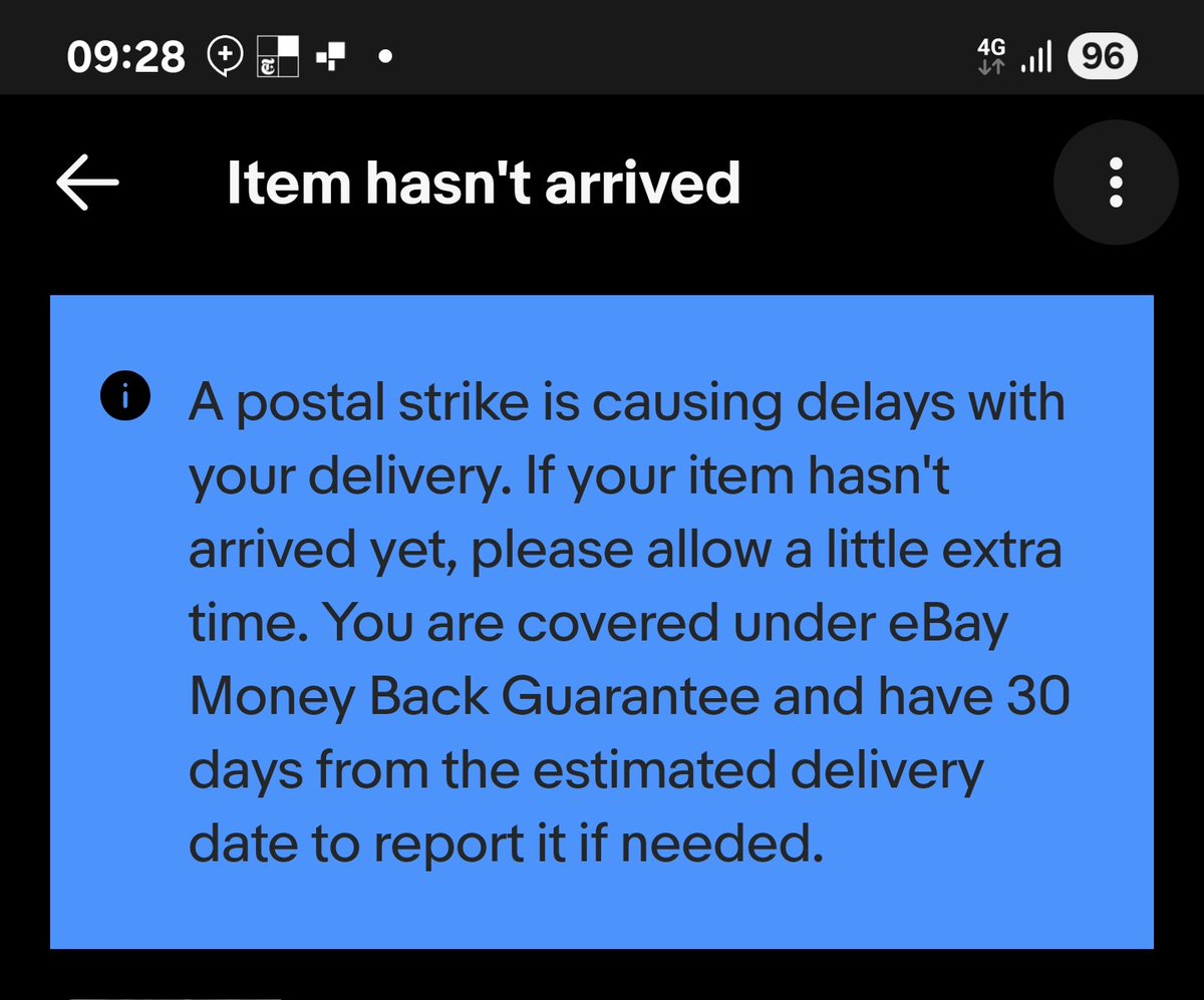 Seems <a href="/eBay_UK/">eBay UK</a> is trying to excuse <a href="/RoyalMail/">Royal Mail</a>'s poor service by claiming there is a postal strike on. All sources I can find say there isn't. They're just bad, racing Evri and Yodel to the bottom to see how bad they can be and get away with it.