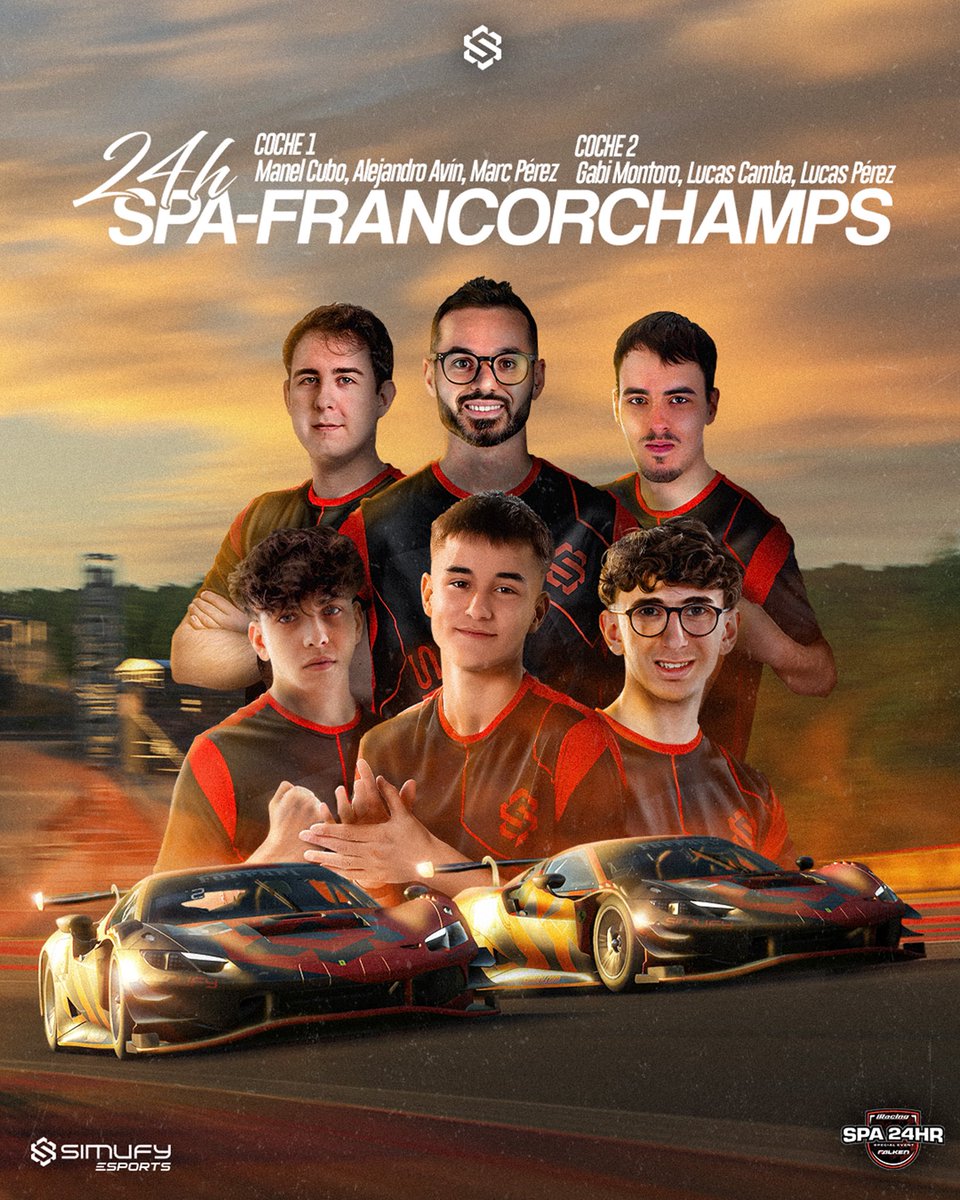 Simufy Esports (@simufyesports) on Twitter photo 🇪🇸ESPAÑOL🇪🇸
🤪¡DÍA DE SPA, PERO DE SPA-FRANCORCHAMPS!🤪
🇧🇪Volvemos a la acción con las 24h de Spa, esta vez aterrizaremos en Bélgica con 2 Ferrari, en el primero estarán <a href="/ManelCubo/">Manel Cubo Torres</a> <a href="/Alejandro_ar55/">Alejandro Avín Ruisánchez</a> y <a href="/mrk146/">Marc Pérez</a> y en el segundo <a href="/Gabii2JZ/">Gabi Montoro</a> <a href="/LCamba17/">lucas_camba17</a> y <a href="/Lprz33_/">Lprz33</a> .
📺Directo oficial a 🇪🇸ESPAÑOL🇪🇸
🤪¡DÍA DE SPA, PERO DE SPA-FRANCORCHAMPS!🤪
🇧🇪Volvemos a la acción con las 24h de Spa, esta vez aterrizaremos en Bélgica con 2 Ferrari, en el primero estarán <a href="/ManelCubo/">Manel Cubo Torres</a> <a href="/Alejandro_ar55/">Alejandro Avín Ruisánchez</a> y <a href="/mrk146/">Marc Pérez</a> y en el segundo <a href="/Gabii2JZ/">Gabi Montoro</a> <a href="/LCamba17/">lucas_camba17</a> y <a href="/Lprz33_/">Lprz33</a> .
📺Directo oficial a