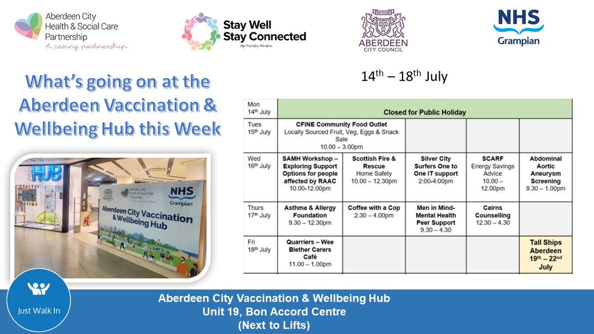 Caroline Anderson (@carolineand73) on Twitter photo What on at the Aberdeen Vaccination & Wellbeing Hub, Bon Accord Centre next week 14th - 18th July. Closed Monday for Public Holiday. Just drop in for a cuppa and conversation and meet the visiting organisations within the community cafe area - no appt necessary. <a href="/NHSGrampian/">NHS Grampian</a> What on at the Aberdeen Vaccination & Wellbeing Hub, Bon Accord Centre next week 14th - 18th July. Closed Monday for Public Holiday. Just drop in for a cuppa and conversation and meet the visiting organisations within the community cafe area - no appt necessary. <a href="/NHSGrampian/">NHS Grampian</a>