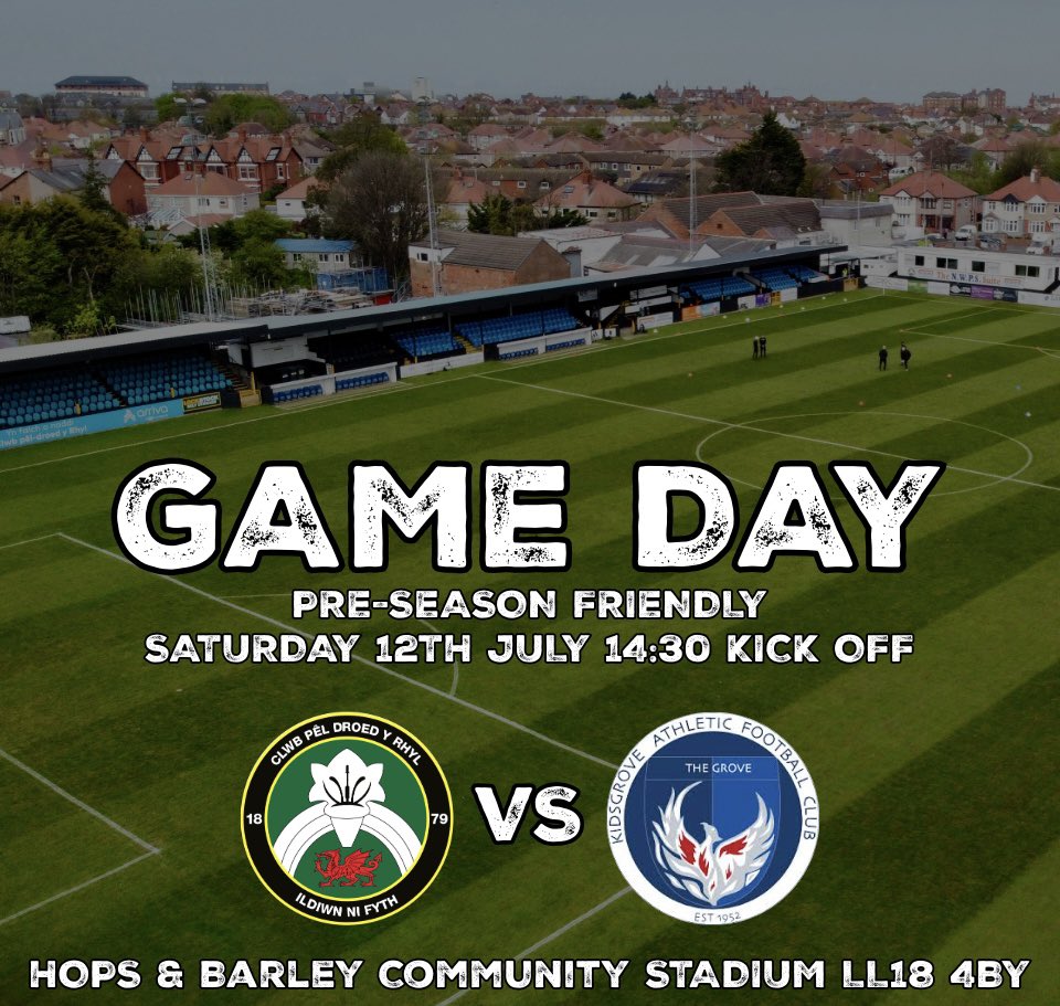 CPD Y Rhyl 1879 official (@rhylfc) on Twitter photo ⚫️ Game Day ⚪️
It’s our final pre-season fixture this afternoon!
📆 12th July
🕝 14:30 KO
🆚 <a href="/OfficialKAFC/">Kidsgrove Athletic FC</a>
🤝 Friendly
🏟️ Hops & Barley Community Stadium
📍 LL18 4BY
🎟️ Adults £5 Under 16’s £1
🎫 Half-Time Raffle
🍺 Bar
🍔 Canteen
#sunnyrhyl ☀️ ⚫️ Game Day ⚪️
It’s our final pre-season fixture this afternoon!
📆 12th July
🕝 14:30 KO
🆚 <a href="/OfficialKAFC/">Kidsgrove Athletic FC</a>
🤝 Friendly
🏟️ Hops & Barley Community Stadium
📍 LL18 4BY
🎟️ Adults £5 Under 16’s £1
🎫 Half-Time Raffle
🍺 Bar
🍔 Canteen
#sunnyrhyl ☀️