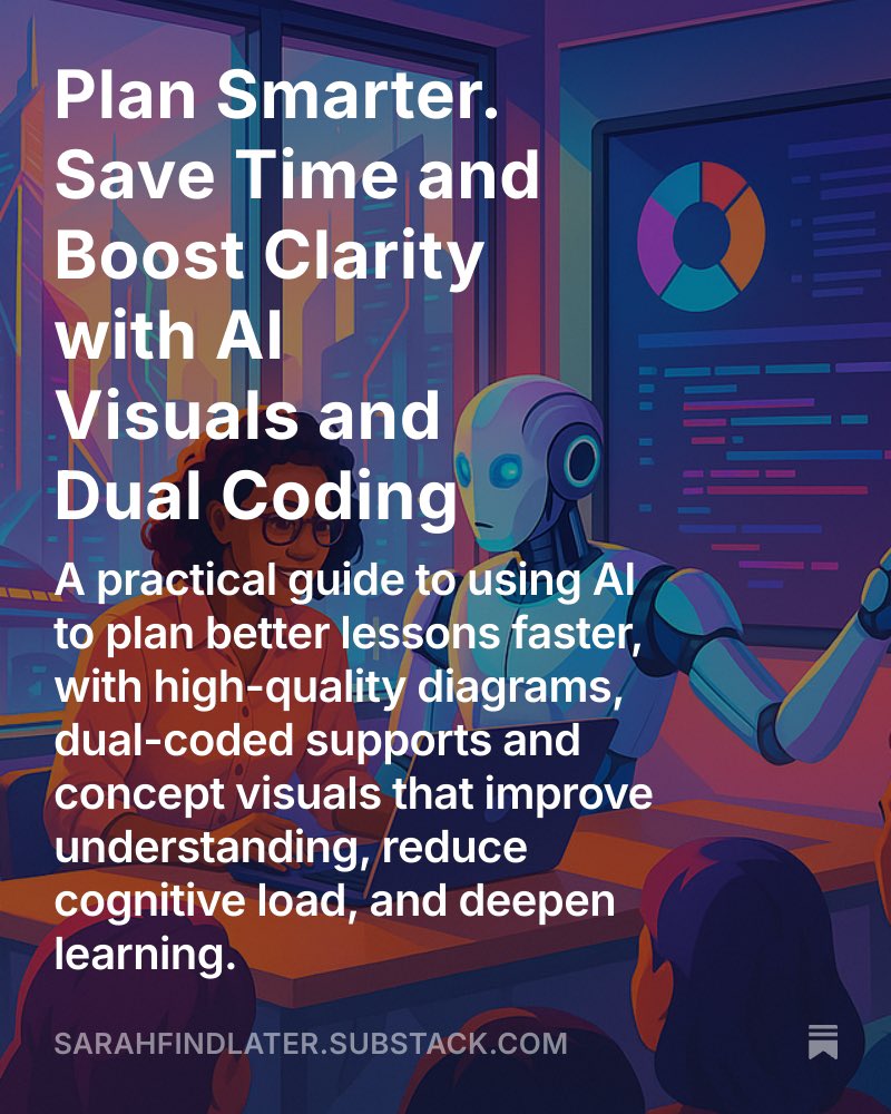MsFindlater's tweet image. 📚 Want to save hours creating diagrams and still boost clarity?
🖼 New post just dropped. Plan Smarter with AI Visuals and Dual Coding.
✅ Fast diagrams
✅ KS1 to KS4 prompts
✅ Visual bank builder
Read it here ⬇️
open.substack.com/pub/sarahfindl…
#AIforTeachers #EdTech #DualCoding