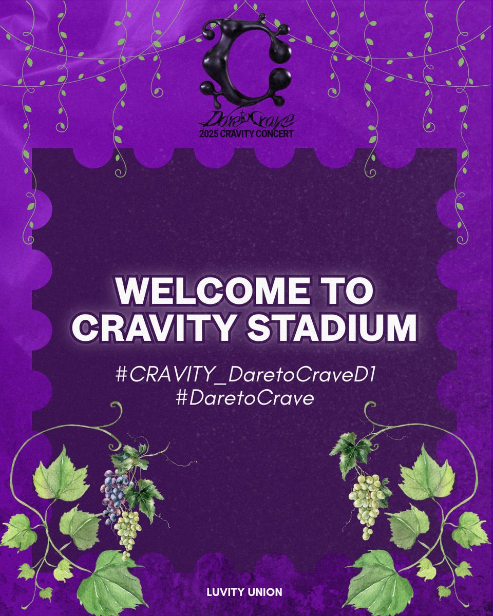 🍇 TREND PARTY 🍇

LUVITY! The rounds go on and on tonight as CRAVITY welcomes us to their stadium. Show your support by dropping the tags below!

WELCOME TO CRAVITY STADIUM 
#CRAVITY_DaretoCraveD1
#DaretoCrave