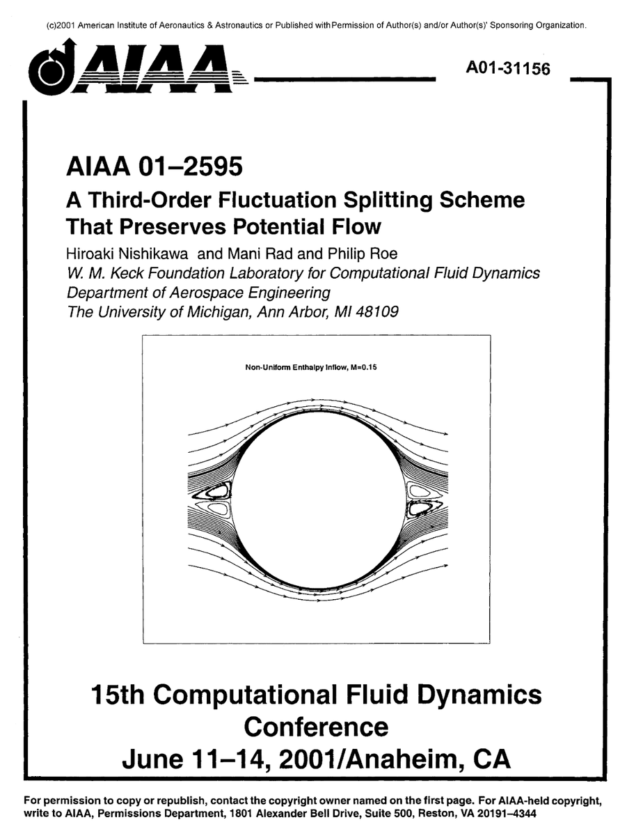 HiroNishikawa's tweet photo. We used to show one figure on the front page of an AIAA conference paper. This figure shows a clean third-order accurate numerical solution of an inviscid flow with a free stream having non-uniform enthalpy; it is usually difficult to capture the vortices behind the cylinder (easily dissipated).