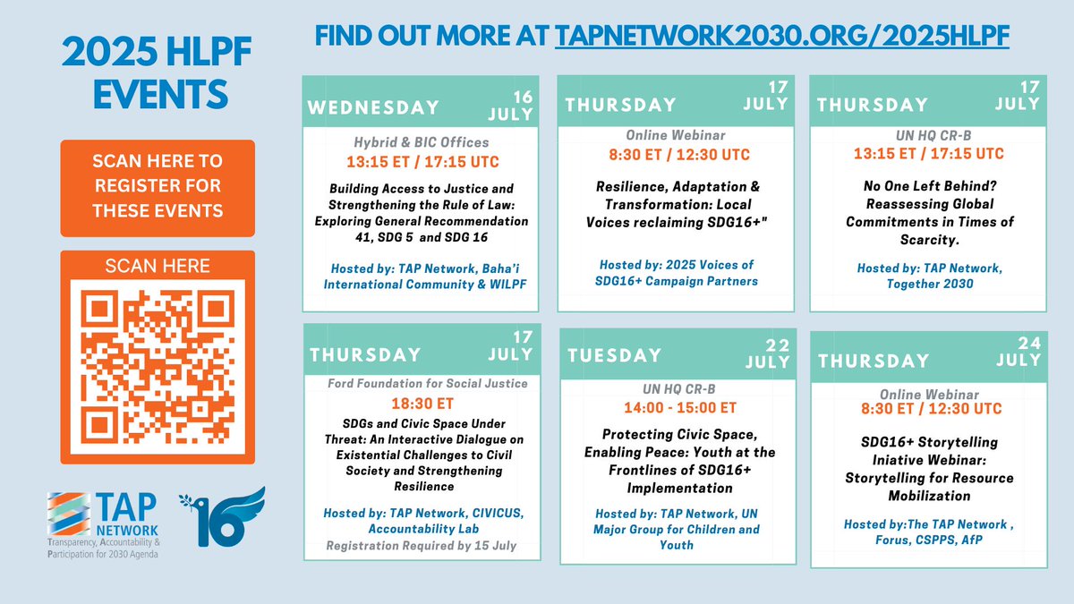 TAPNetwork2030's tweet image. Be sure to join us at the 2025 #HLPF! We've got lots planned, so visit the QR Code or our Info & Engagement toolkit to register to join us. bit.ly/TAPToolkit25%20