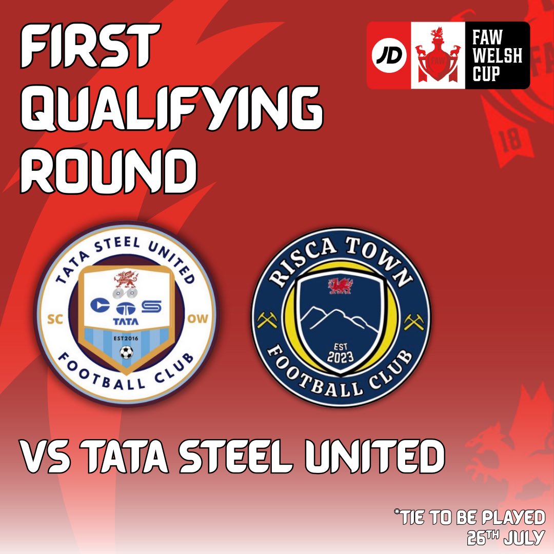 Risca Town FC (@riscatownfc) on Twitter photo JD WELSH CUP DRAW🔵🟡
Following Thursday’s #JDWelshCup draw, we have been drawn against South Wales premier league outfit <a href="/UnitedTata/">Tata Steel United FC</a>
Another away day for the Town, really looking forward to this one!
Tie to be played 26th July
#UppaTown JD WELSH CUP DRAW🔵🟡
Following Thursday’s #JDWelshCup draw, we have been drawn against South Wales premier league outfit <a href="/UnitedTata/">Tata Steel United FC</a>
Another away day for the Town, really looking forward to this one!
Tie to be played 26th July
#UppaTown