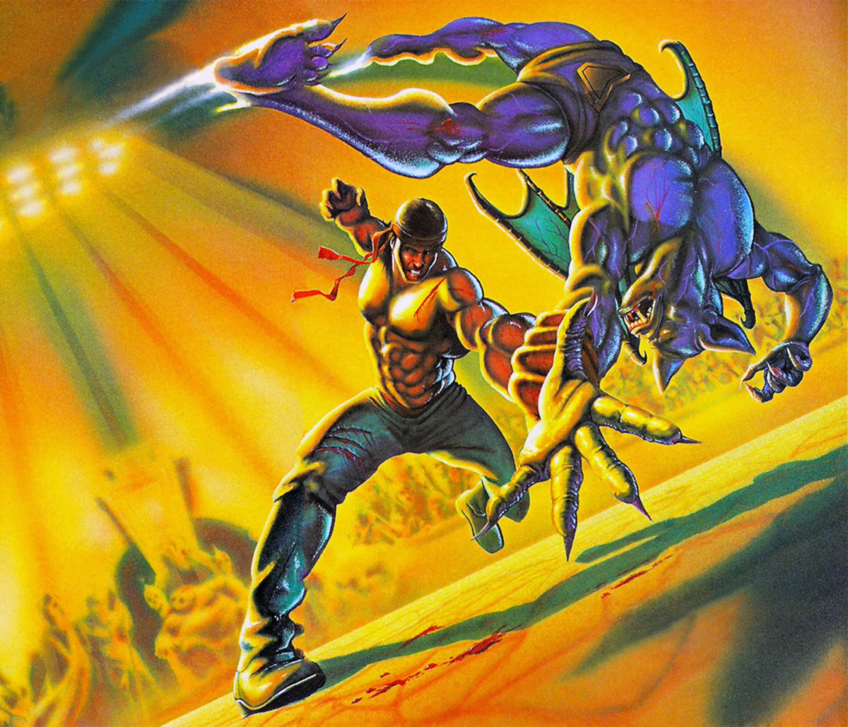 The artwork of #SlaughterSport aka Mondu's Fight Palace and Fatman (Japan) used on the cover of the #SegaGenesis release as well as for advertising. Removed text in the right bottom, applying the usual upscale/clean/retouch process. No clue on the artist, any info let me know!