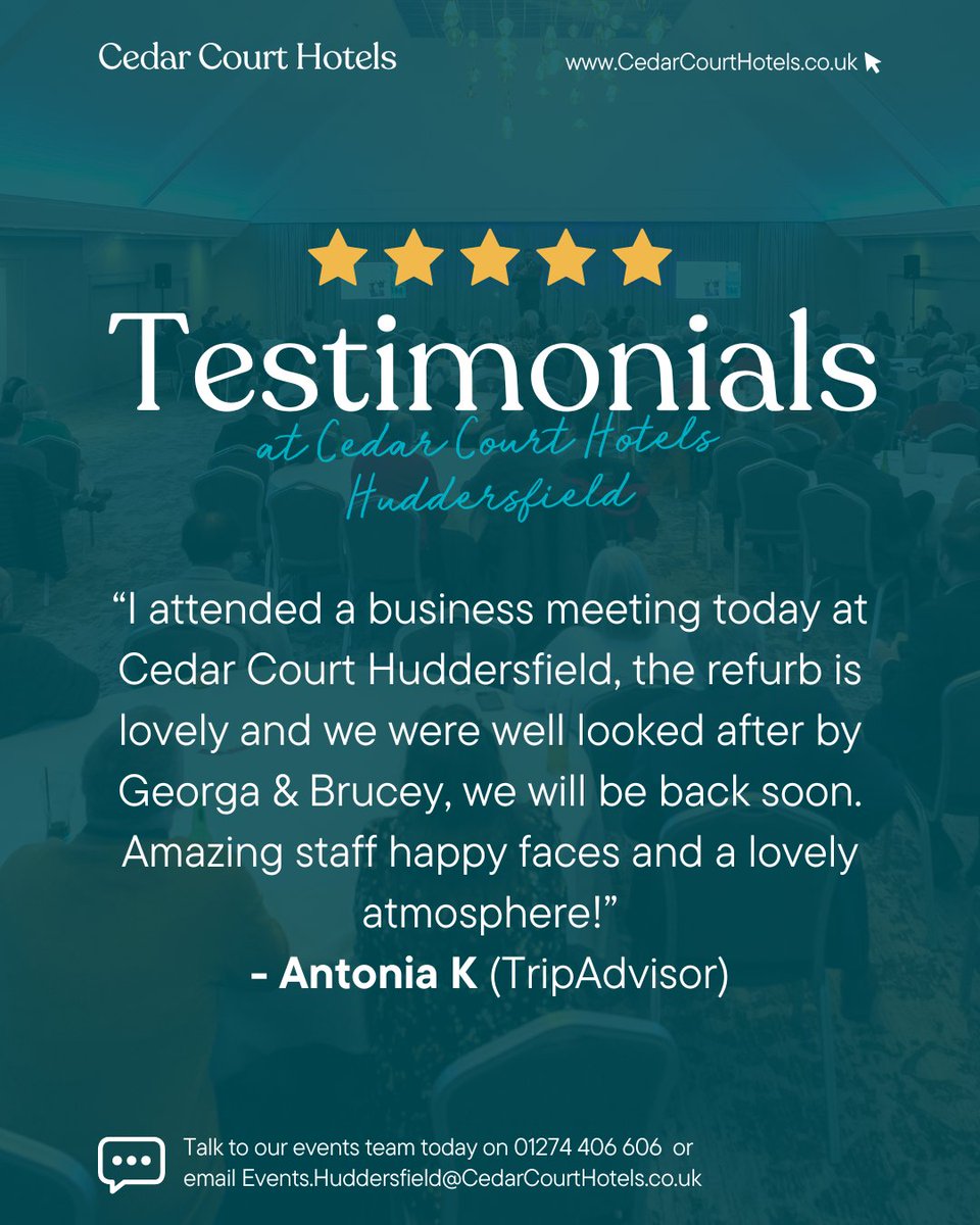 CedarCourtHotel's tweet image. We are thankful for the wonderful feedback on our Meet SMART facilities at Cedar Court Hotels.

bit.ly/4bfEhff 

#CustomerReviews #MeetSMART #CedarCourtHotels #Huddersfield #ThankYou #BusinessMeetings