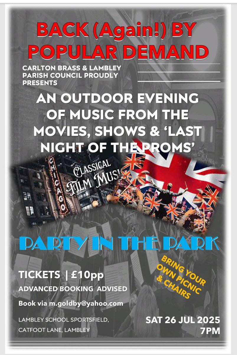 We are looking forward to performing in Lambley again this summer. This was a great event last year, which the band really enjoyed, as did the audience. You can come along with a picnic and some drinks and enjoy a wonderful evening of music with a film and proms theme.