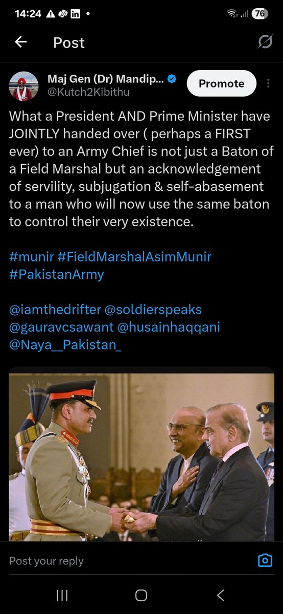 I had posted this earlier.

"... ( Munir will) use the same baton to control their very existence"

The word is out. Munir may soon be sending Zardari packing.

This is natural progression in Pak politics.