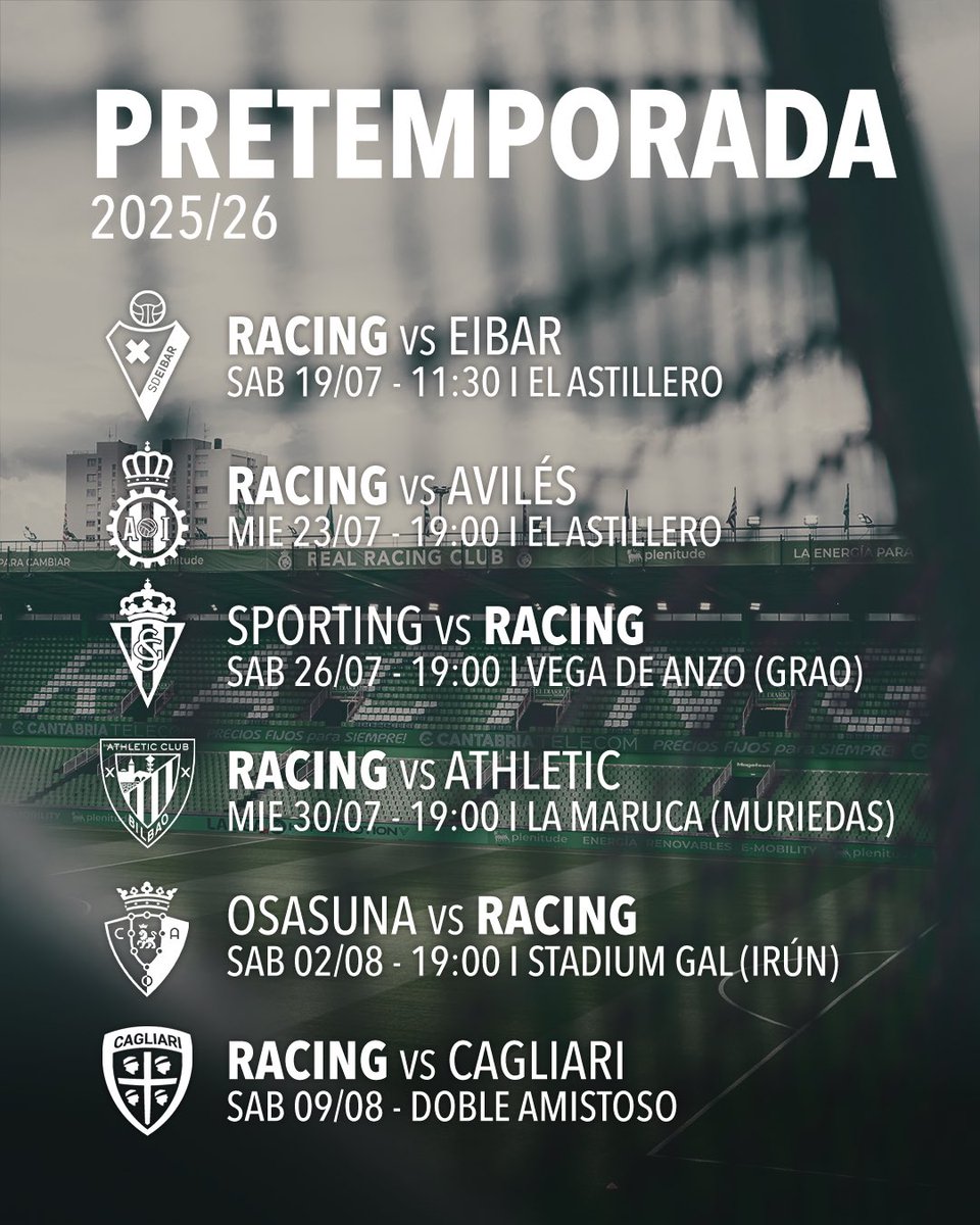 Real Racing Club (@realracingclub) on Twitter photo 🗓️ ¡Así queda finalmente la pretemporada verdiblanca! ¿Ganas de volver a ver a los muchachos?
🆚 <a href="/SDEibar/">SD Eibar</a>
🆚 <a href="/RealAvilesInd/">Real Avilés Industrial</a>
🆚 <a href="/RealSporting/">Real Sporting</a>
🆚 <a href="/AthleticClub/">Athletic Club</a> (🏆)
🆚 <a href="/Osasuna/">C. A. OSASUNA</a>
🆚 <a href="/CagliariCalcio/">Cagliari Calcio</a> (🏟️)
#️⃣ #PretemporadaRRC 🗓️ ¡Así queda finalmente la pretemporada verdiblanca! ¿Ganas de volver a ver a los muchachos?
🆚 <a href="/SDEibar/">SD Eibar</a>
🆚 <a href="/RealAvilesInd/">Real Avilés Industrial</a>
🆚 <a href="/RealSporting/">Real Sporting</a>
🆚 <a href="/AthleticClub/">Athletic Club</a> (🏆)
🆚 <a href="/Osasuna/">C. A. OSASUNA</a>
🆚 <a href="/CagliariCalcio/">Cagliari Calcio</a> (🏟️)
#️⃣ #PretemporadaRRC