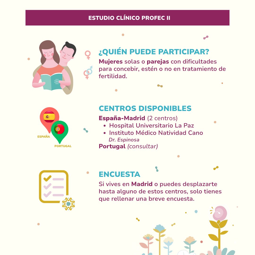 redinfertiles's tweet image. 🧬 ¿Quieres participar?

Está en marcha un ensayo clínico para evaluar Fertibiome, un probiótico oral que ayuda revertir la disbiosis urogenital en la pareja con el fin de mejorar las posibilidades de embarazo.

👉 Dirigido a mujeres o parejas con dificultades para concebir,…