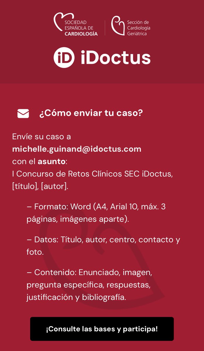 ✅ ¡Última llamada para participar! Quedan pocos días para enviar tus casos al Concurso de Retos Clínicos SEC Geriátrica – iDoctus 2025 🩺

🎁 Ventajas:
• Inscripción a la reunión de cardiogeriatria en Vigo (2‑3 oct)
• Tarjeta Amazon de 200 €

📅 Fecha límite: 15 de julio