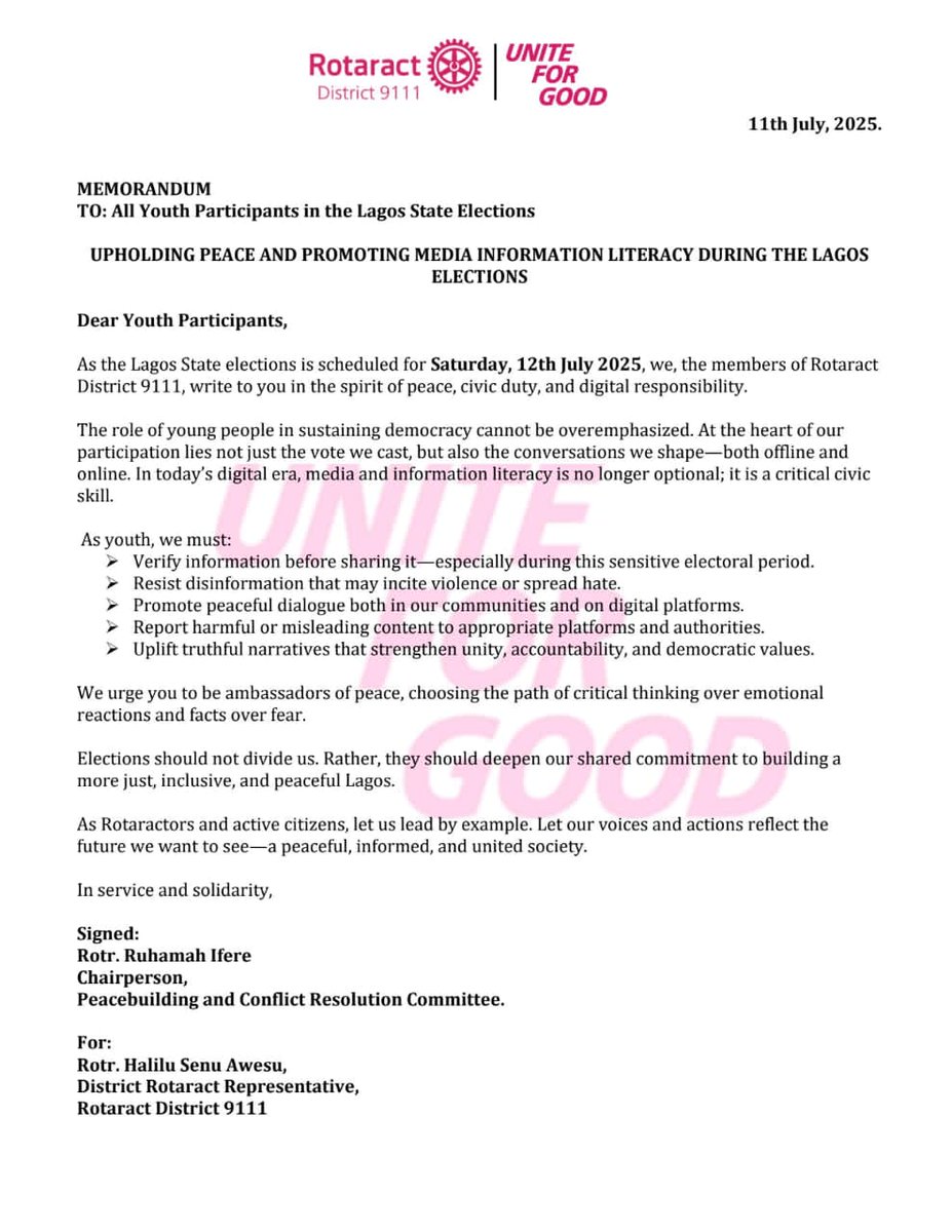 🗳️ Today is Election Day in Lagos!
The Rotaract District 9111 Peacebuilding and Conflict Resolution Committee  urges all youth to come out peacefully, vote wisely, and verify before you share.

Your voice matters,both at the polls and online. Let’s say #NoToElectoralViolenceand