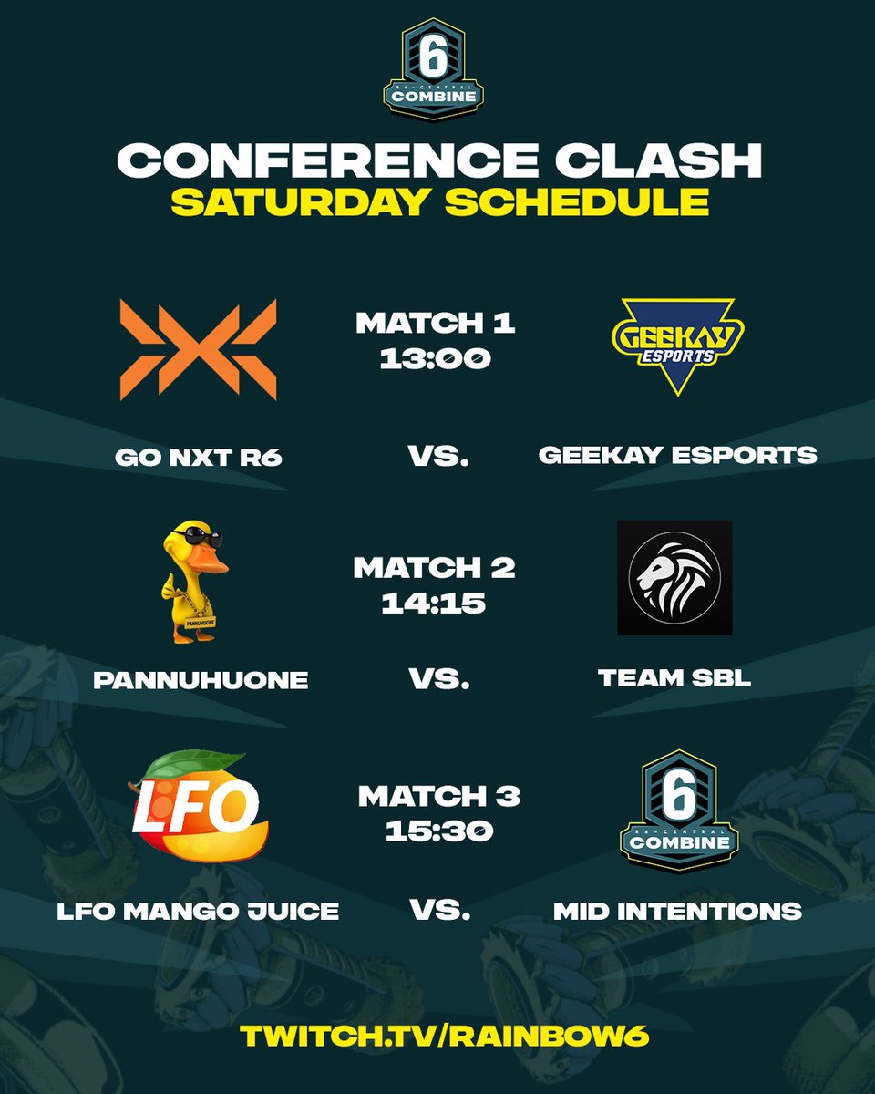 🔥 IT’S TIME!

The Conference Clash kicks off at 1 PM CEST with the first match!

All or nothing – no excuses, just action. 💥

⚔️ <a href="/GONXTGG/">NXT</a> 🆚 <a href="/Geekay_Esports/">Geekay Esports</a> 
⚔️ <a href="/Hauva_R6/">Hauva</a> (Pannuhuone) 🆚 <a href="/TeamSBLgg/">Team SBL</a> 
⚔️ #LFOMangoJuice 🆚 #Midintentions

#R6combine