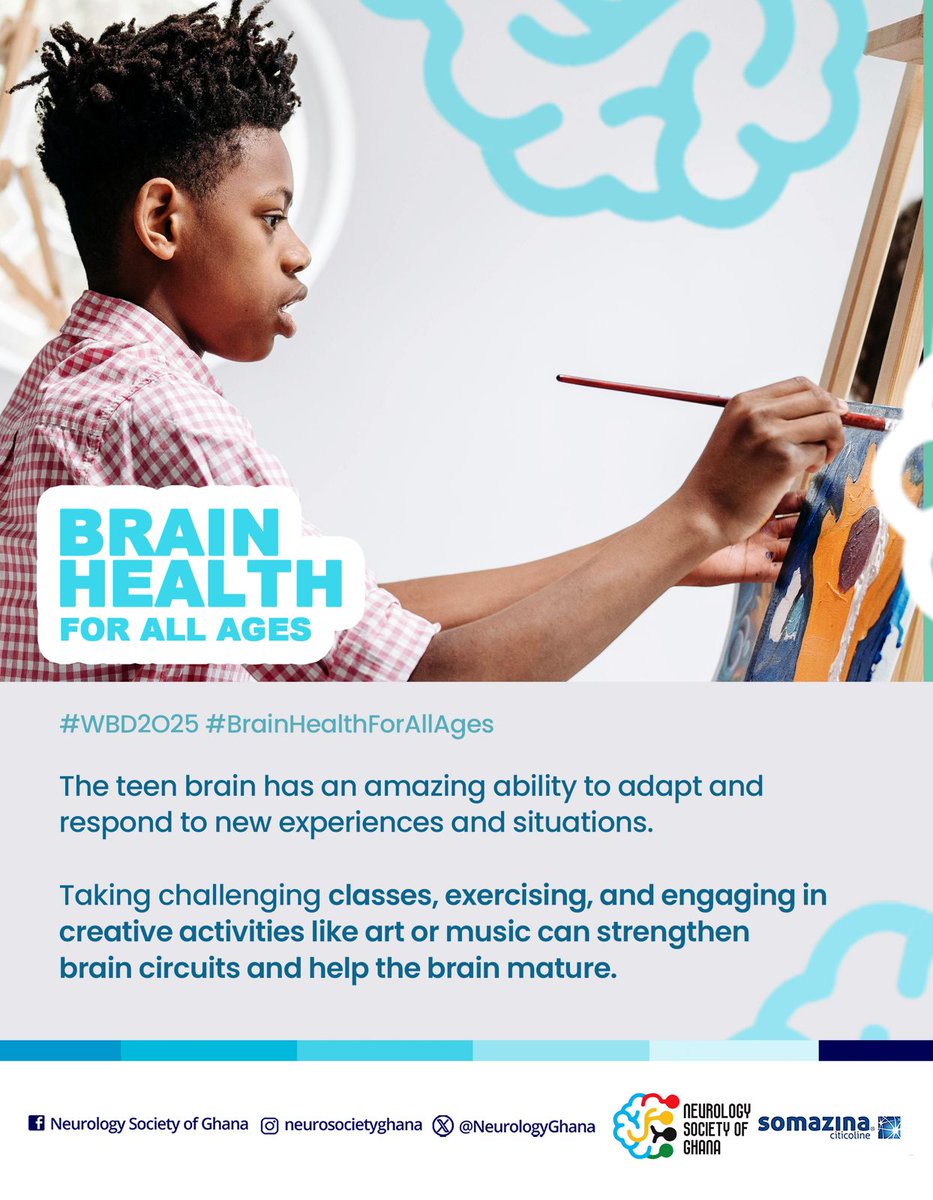 Harness their full potential!  

The  teenage brain needs appropriate  stimulation and challenges to develop its full potential. 

Adequate sleep is equally necessary to consolidate learning!

#wbd2025 #neurologysocietyofghana #nsg #brainhealth #brainhealthforallages