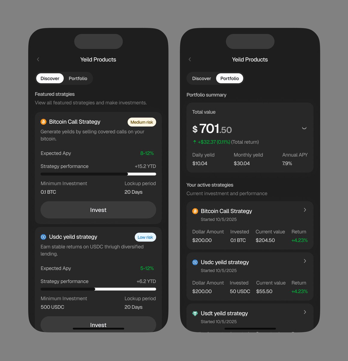 Yield strategies details &amp; Portfolio screens from the Ascenta wallet in dark mode◼️🚀