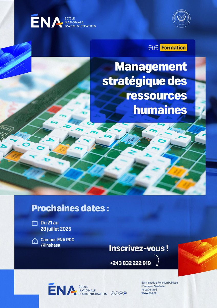 EnaRDC_Officiel's tweet image. Prochaine session de la formation :

« Management stratégique des ressources humaines »

📅 Dates : du 21 au 28 juillet 2025

👥 Public : Tous publics

📝 Inscription : ena.cd/formations/man…

📞 Contact : +243 832 222 919