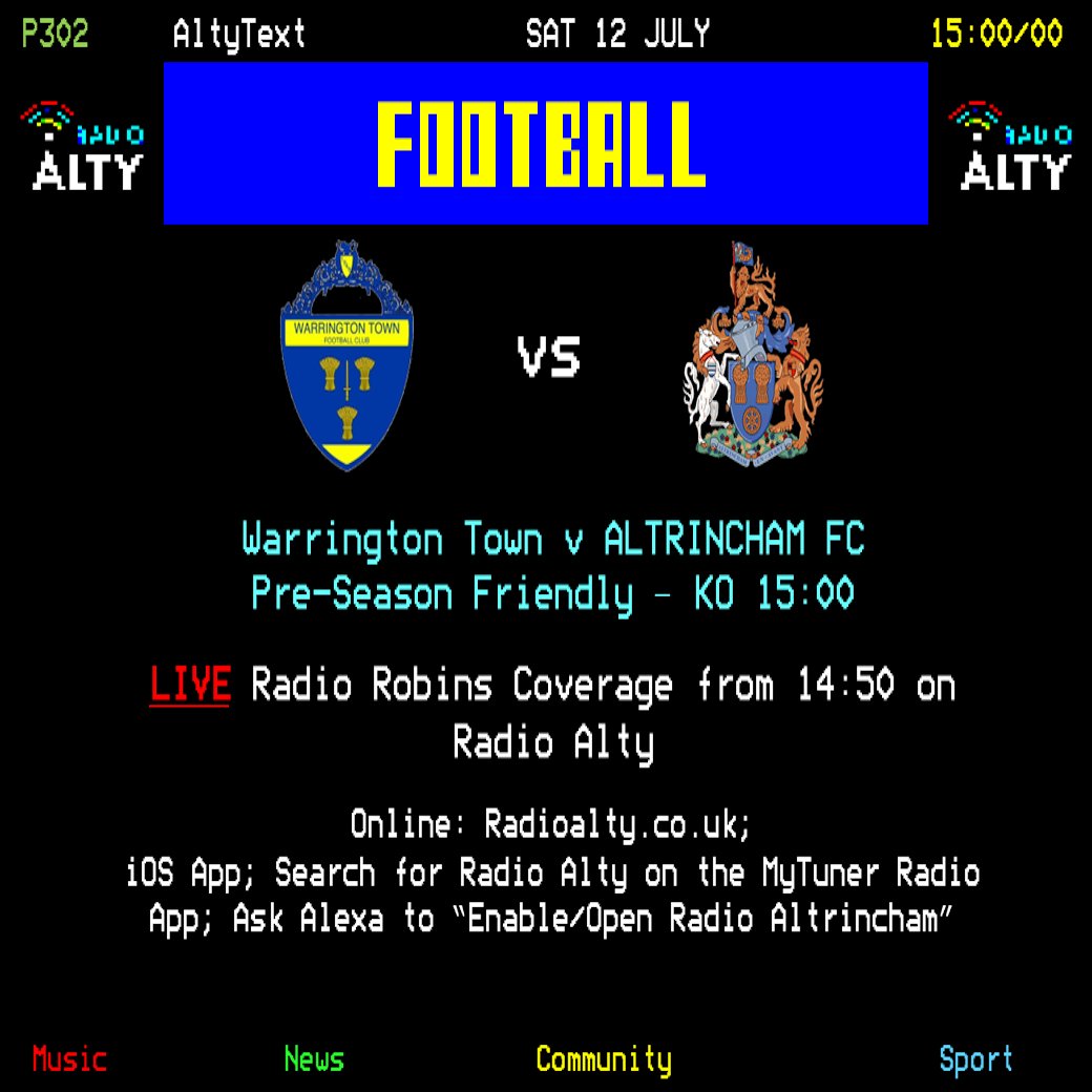 Football's back! At last, <a href="/altrinchamfc/">Altrincham FC</a> are back in action as their pre-season begins away at @warringtontownfc. George Allen and <a href="/tomjolley9/">Tom Jolley</a> are the commentary team for Radio Robins this afternoon, with coverage beginning at 2:50 on Radio Alty. #YourTownYourClub